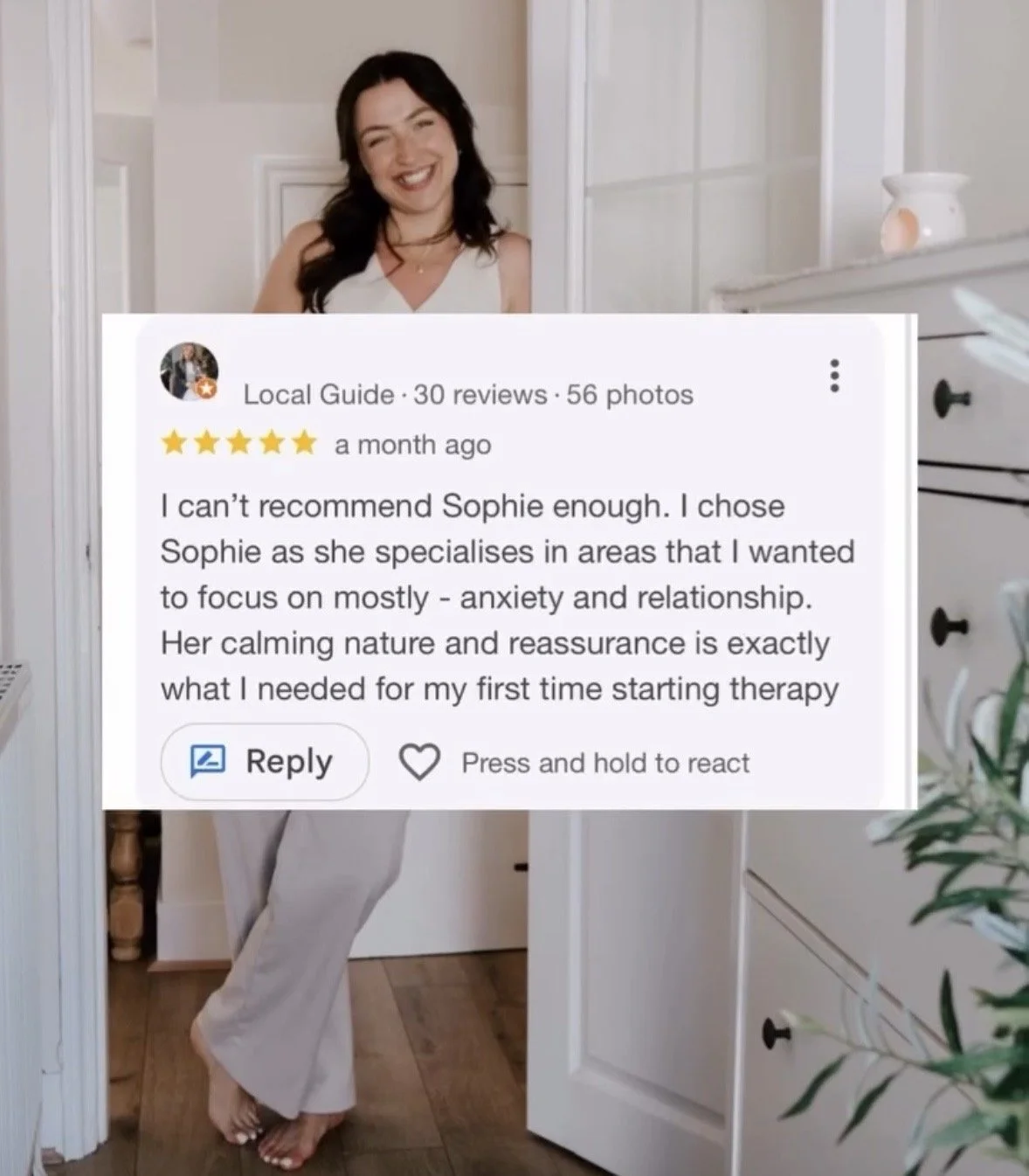 client testimonial about online therapy for anxiety with therapist Sophie Hooke
