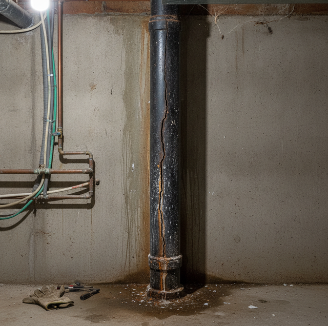 cast iron sewer pipe section rusted and cracked underground