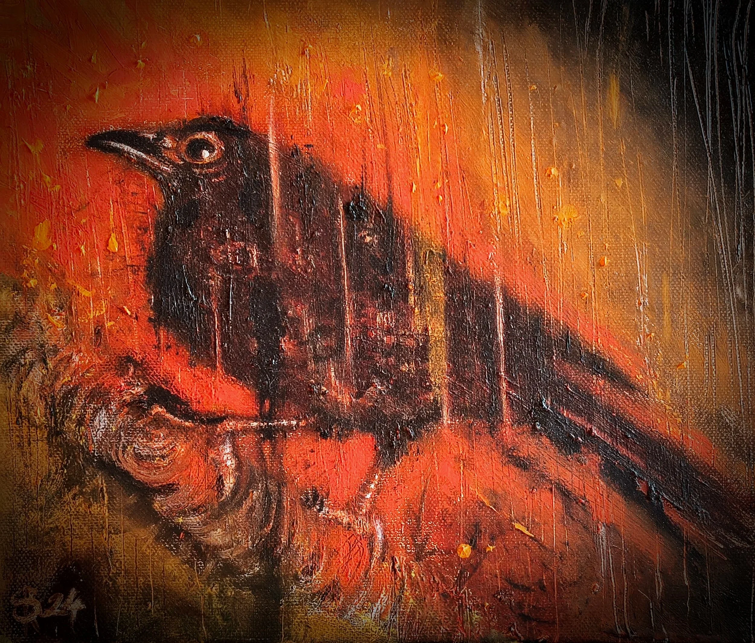 Ritratto a olio su tela di un uccello, corvo, con un sfondo rosso-arancione, in stile pittorico. Contesto noir, caldo, tracce di piogga accompagnano il soggetto naturalistico principale. Perfetto ideale adatto per arredamento interni