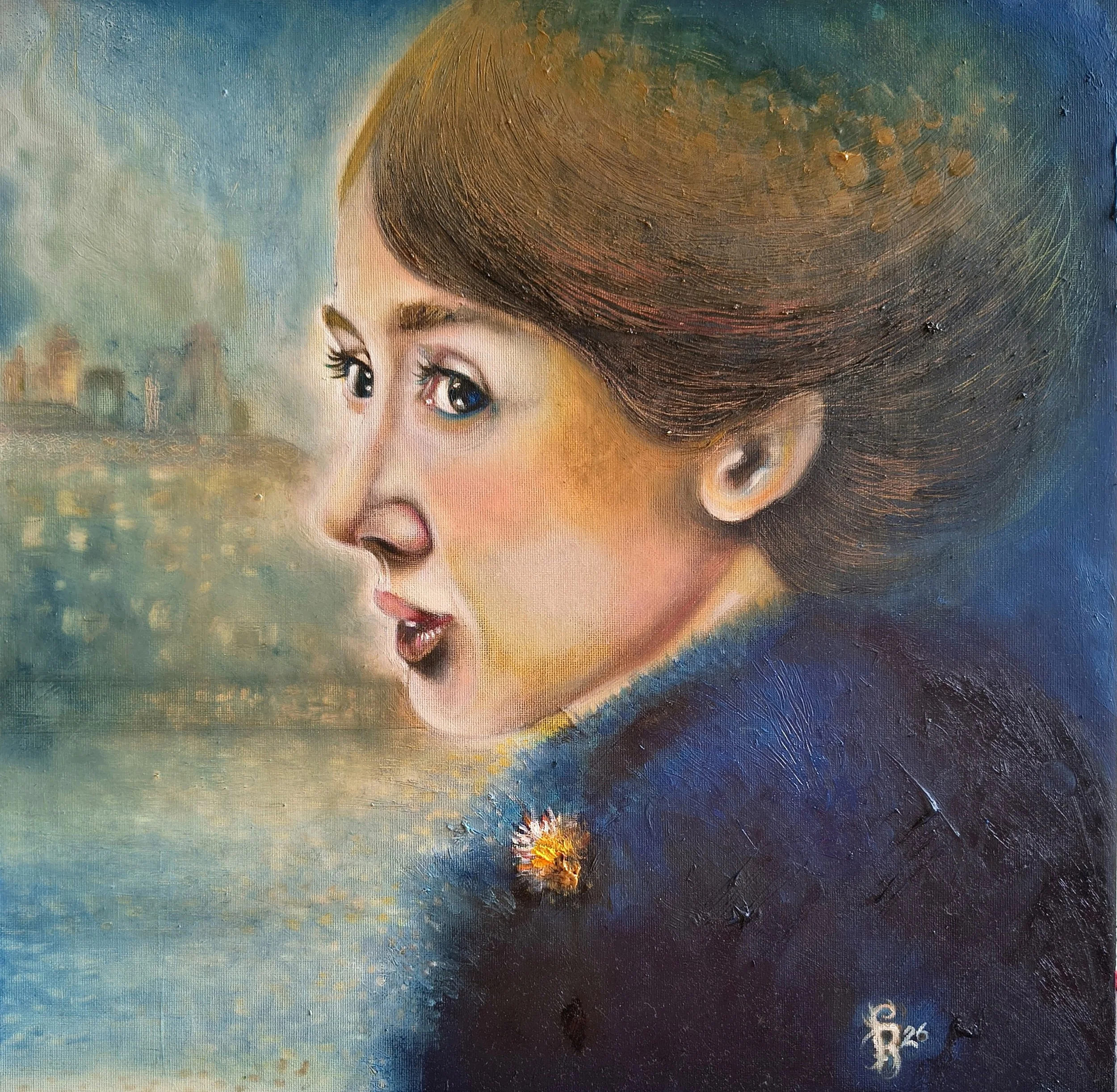 Dipinto a olio su tela raffigurante una donna di profilo, sullo sfondo un dettaglio di un lungo fiume, mare, una serie di case, paesaggio. Perfetto ideale adatto per arredamento interni
