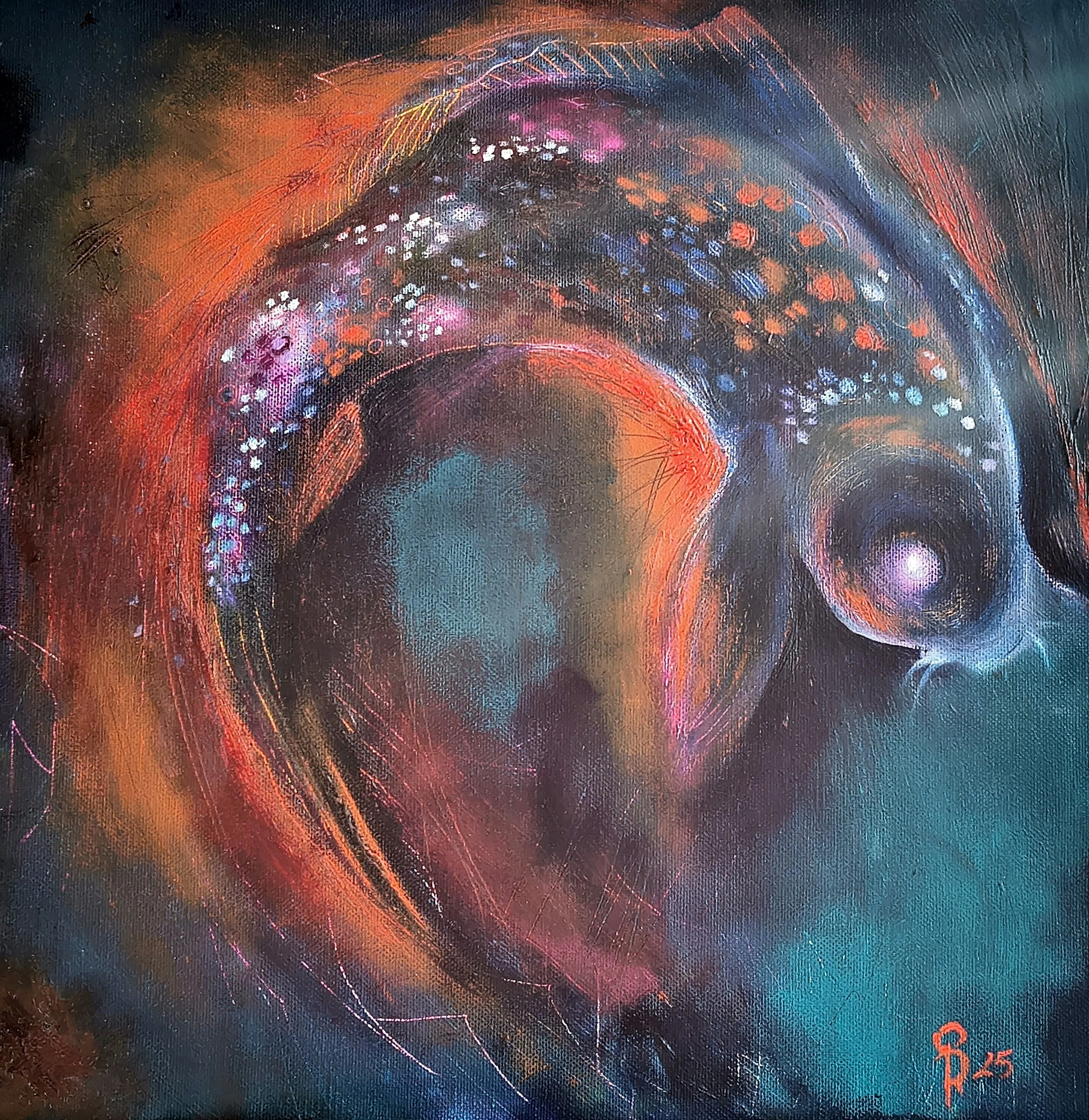 Ritratto di un'onda tempestosa con colori vivaci come arancione, rosa, blu e nero, con dettagli di linee e punti che creano un effetto astratto. Il soggetto è una carpa koi, ispirata all'arte orientale e a quella in genere del tatuaggio classico