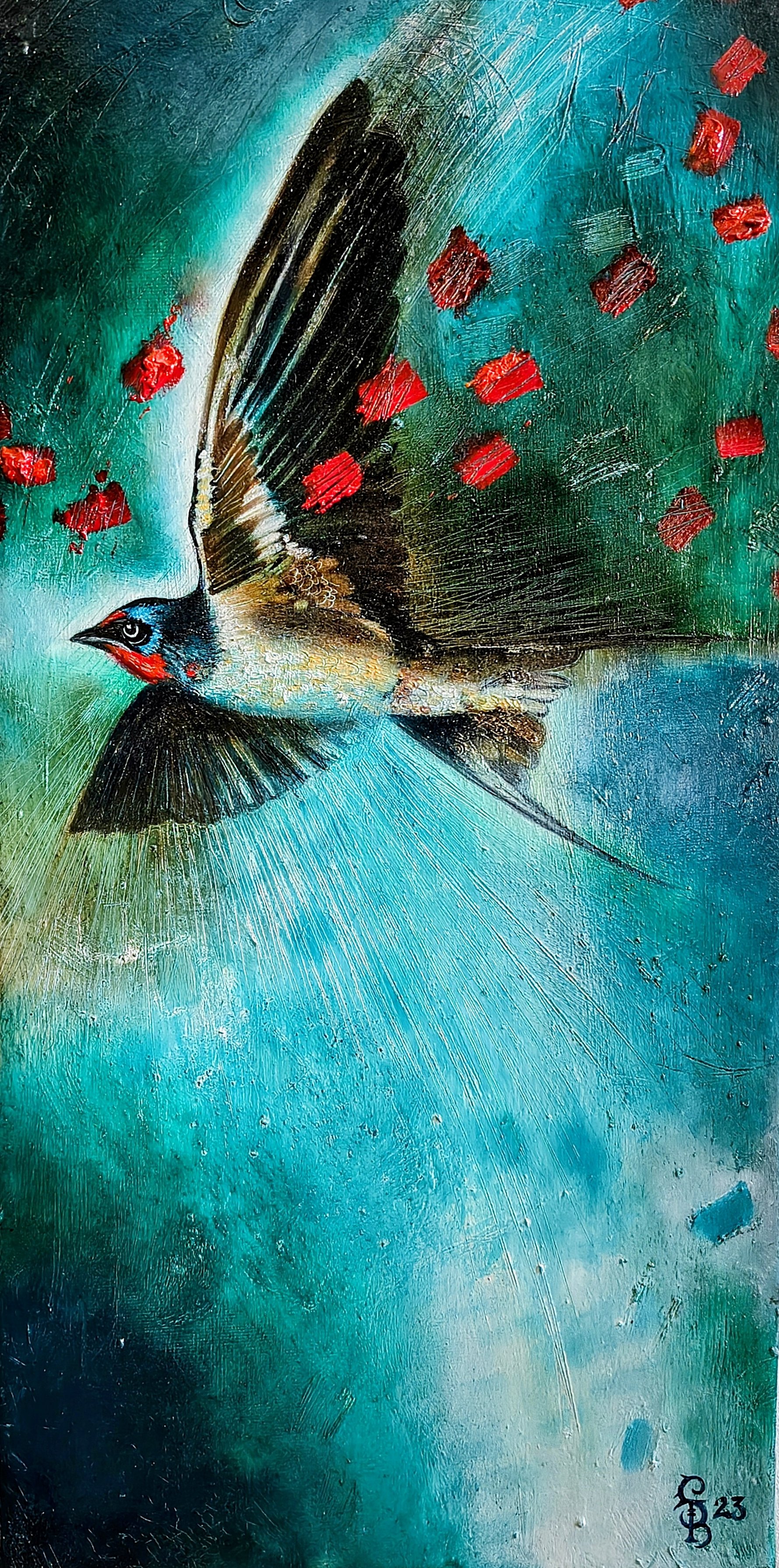 Dipinto aolio sui tela di un uccello - rondine - in volo con ali aperte, sfondo turchese con macchie rosse e firma in basso a destra. Il concept e il design sono molto originali. Perfetto ideale adatto per arredamento interni