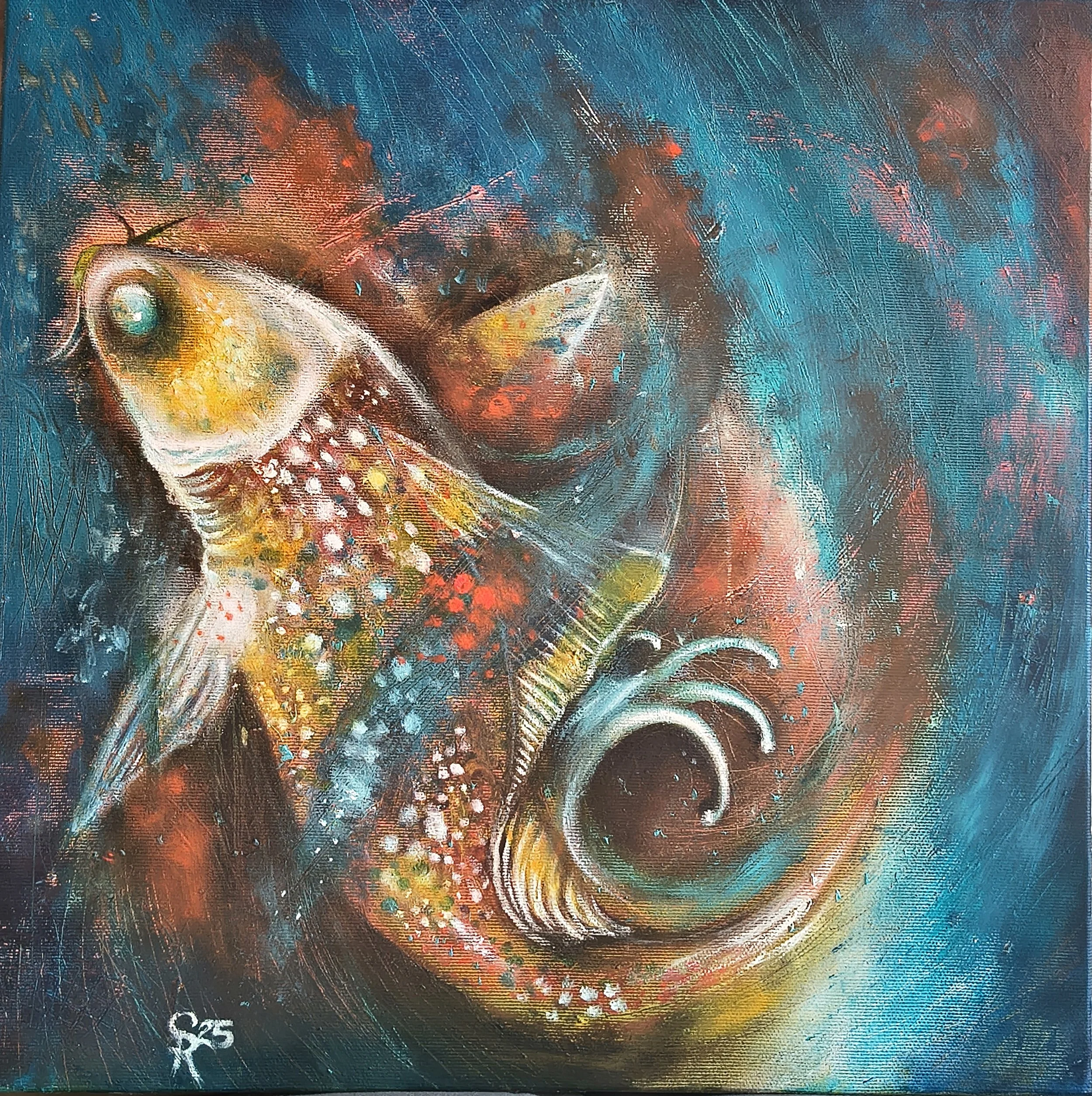 Un dipinto a olio figurativo con colori vivaci, forme curve e dettaglitti che ricordano un'orchestra di luci e movimento. Il soggetto è una carpa koi, ispirata all'arte orientale e a quella in genere del tatuaggio classico. Perfetto interni