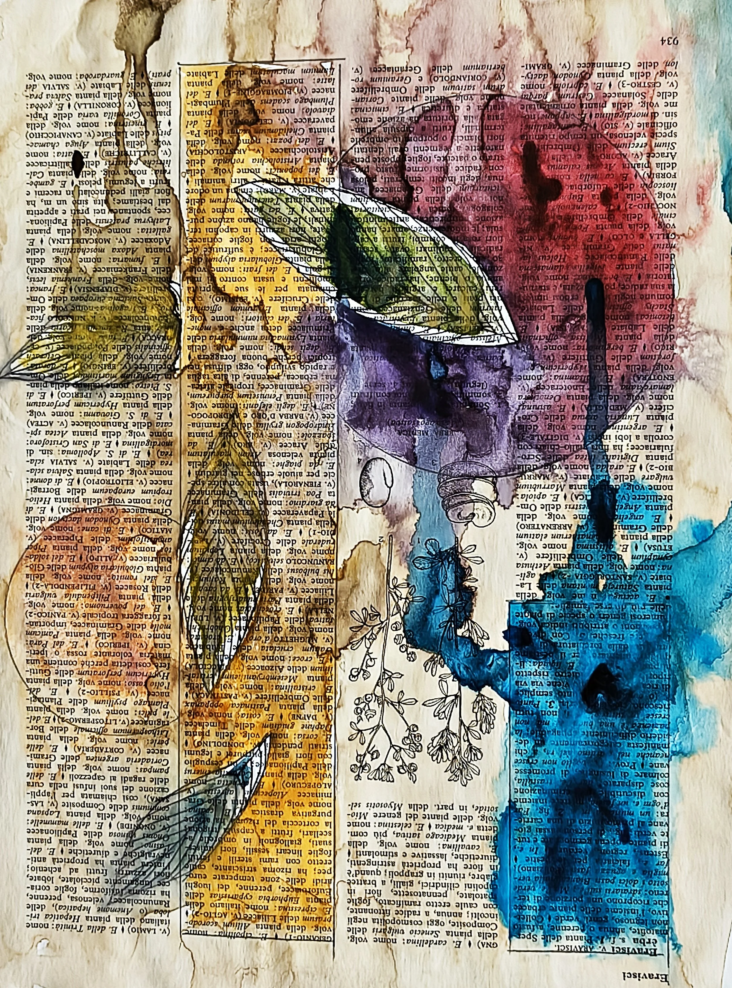 acquarello su pagina libro disegno  colorate sopra un collage di pagine di testo vari colori soggett naturalistico con zone astratte. Perfetto ideale adatto per arredamento interni