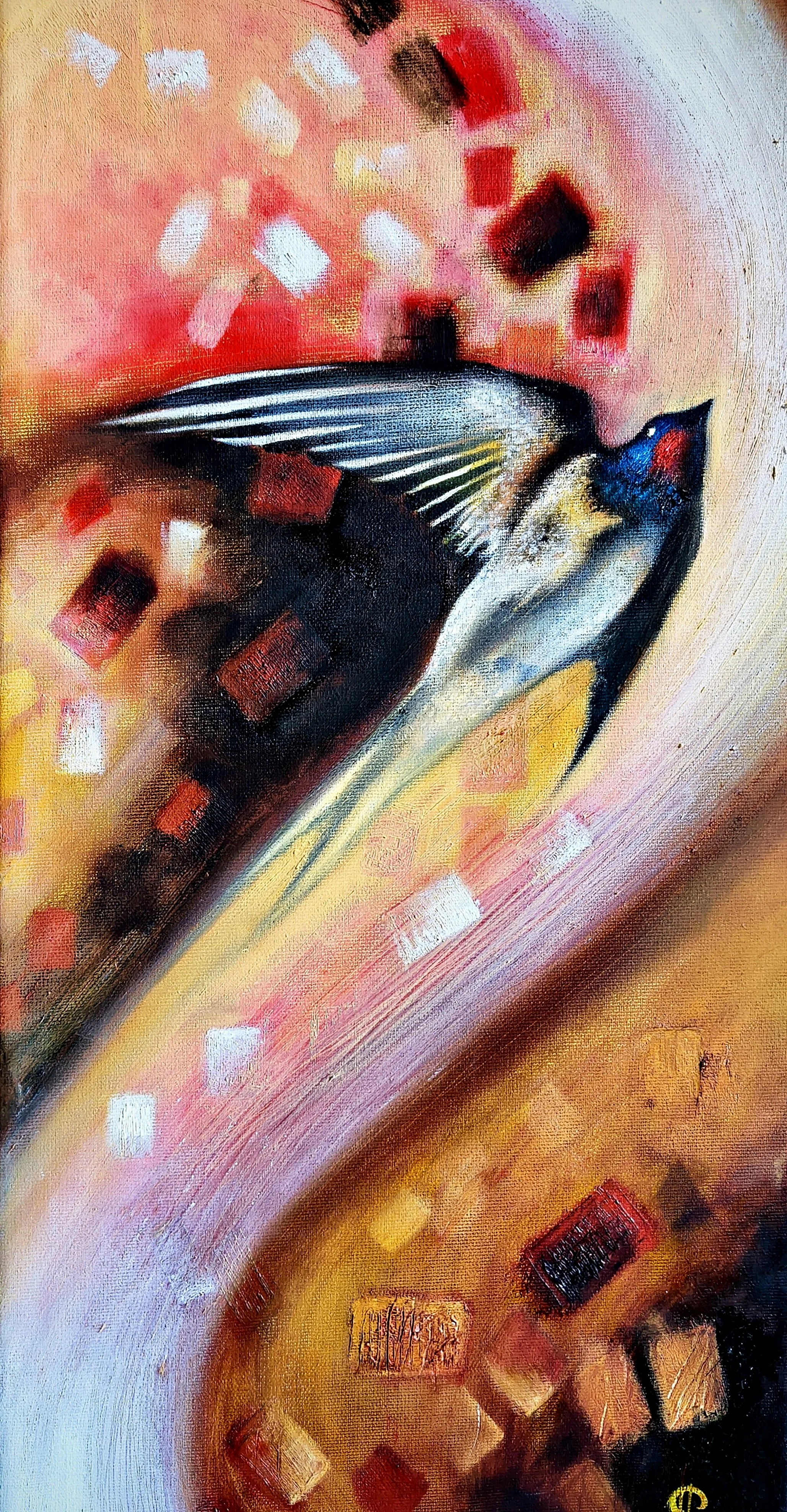 Dipinto a olio su tela  figurativo orignale con un uccello- rondine - in volo stilizzato al centro e sfondo di colori caldi, cubi di varie dimensioni e colori sparsi su tutta la scena. Perfetto ideale adatto per arredamento interni