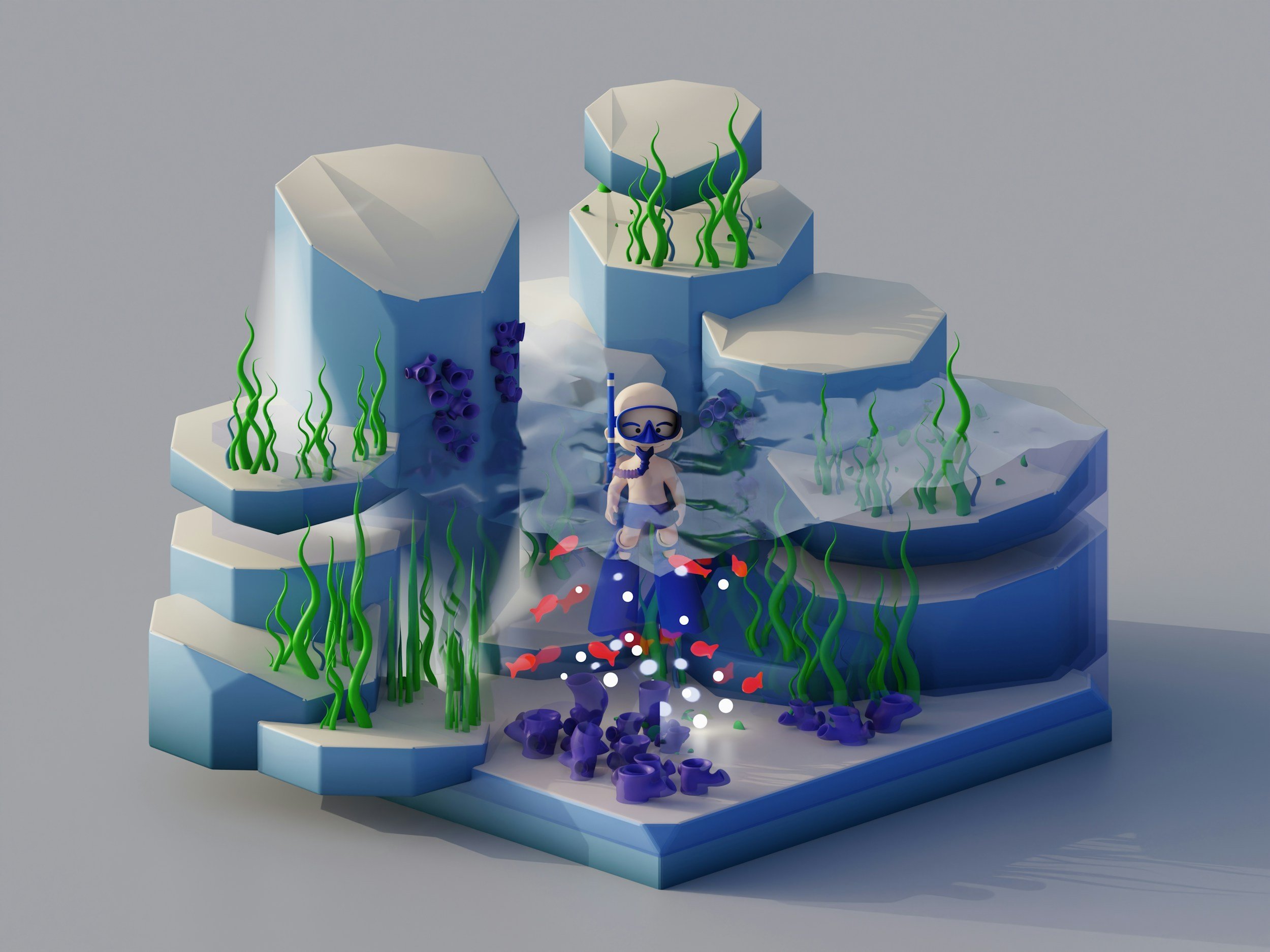 Cartoon diver in underwater scene with rocks, green seaweed, purple corals, and small orange fish.