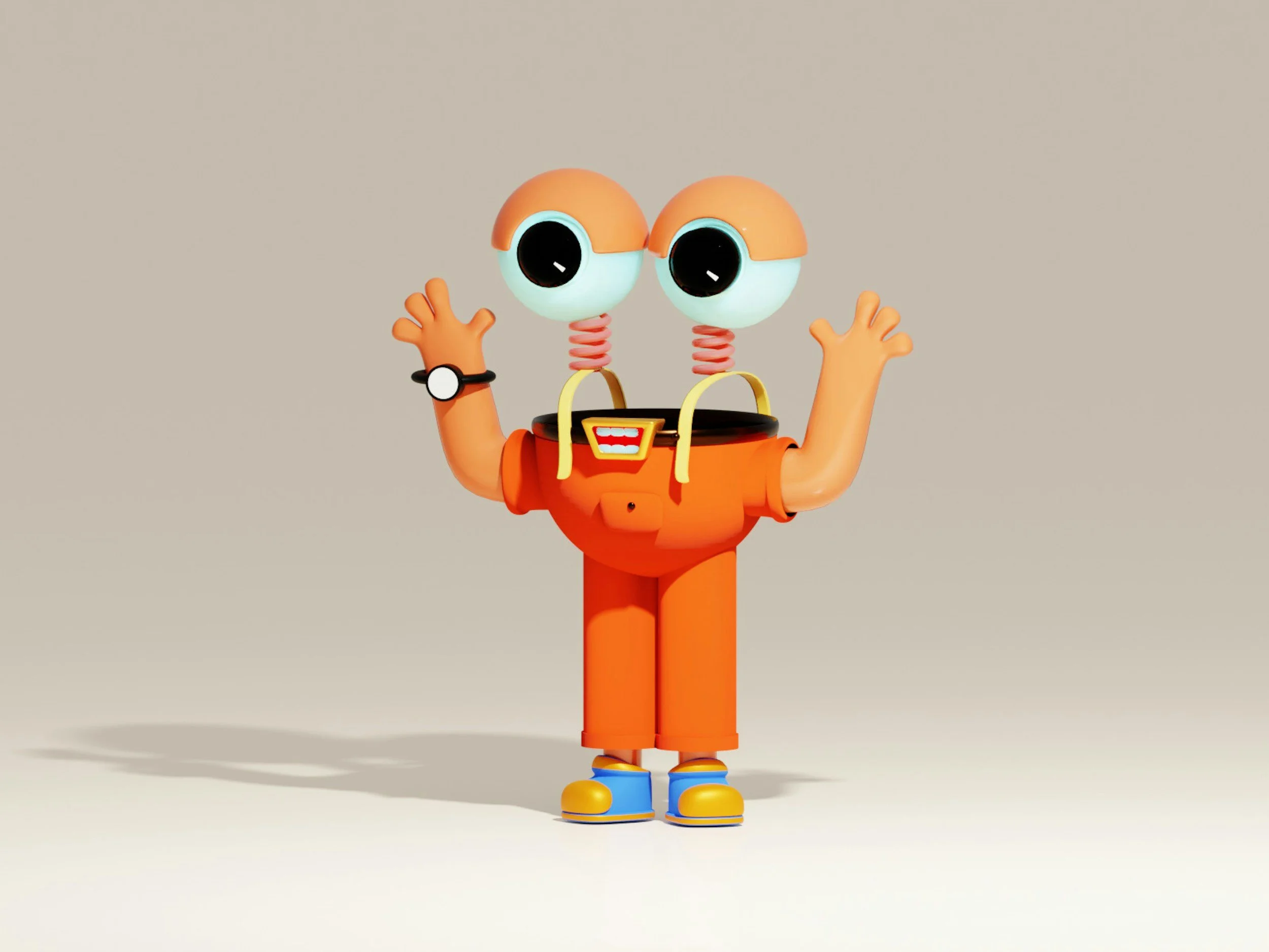 A cartoon character with two large eyes on springy necks, wearing an orange outfit and blue shoes, waving with both hands.