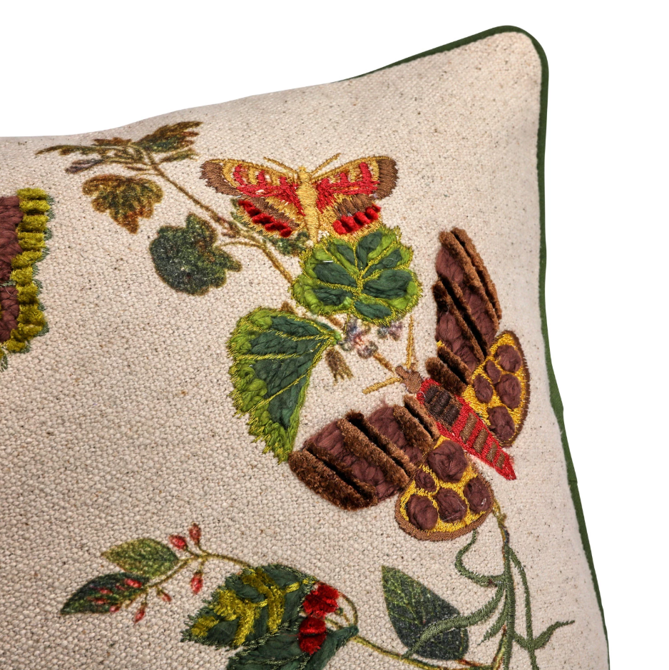 Cotton Lumbar Pillow with Butterflies, Flowers, Embroidery & Piping