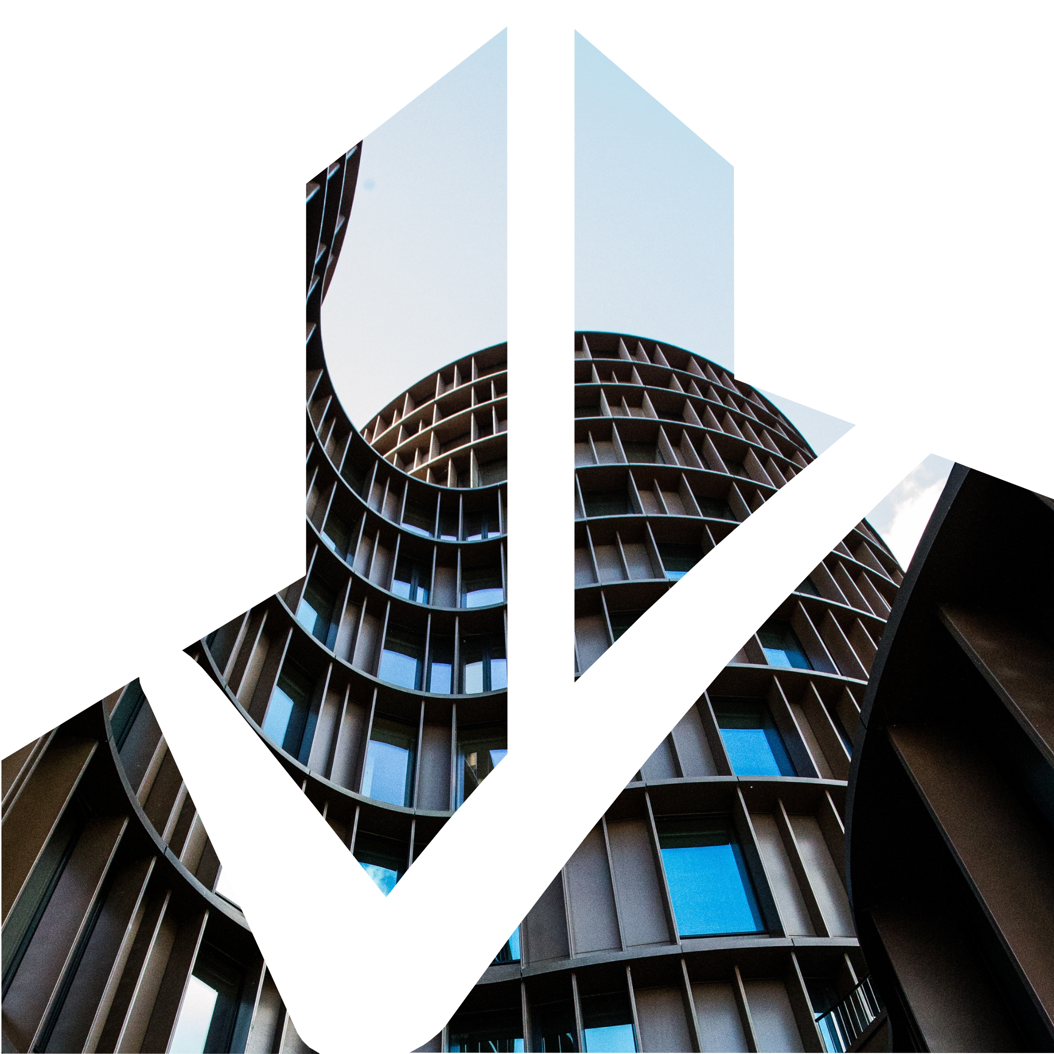 Modern building with curved, grid-like facade and balconies, viewed from below, framed by a large black check mark overlay.