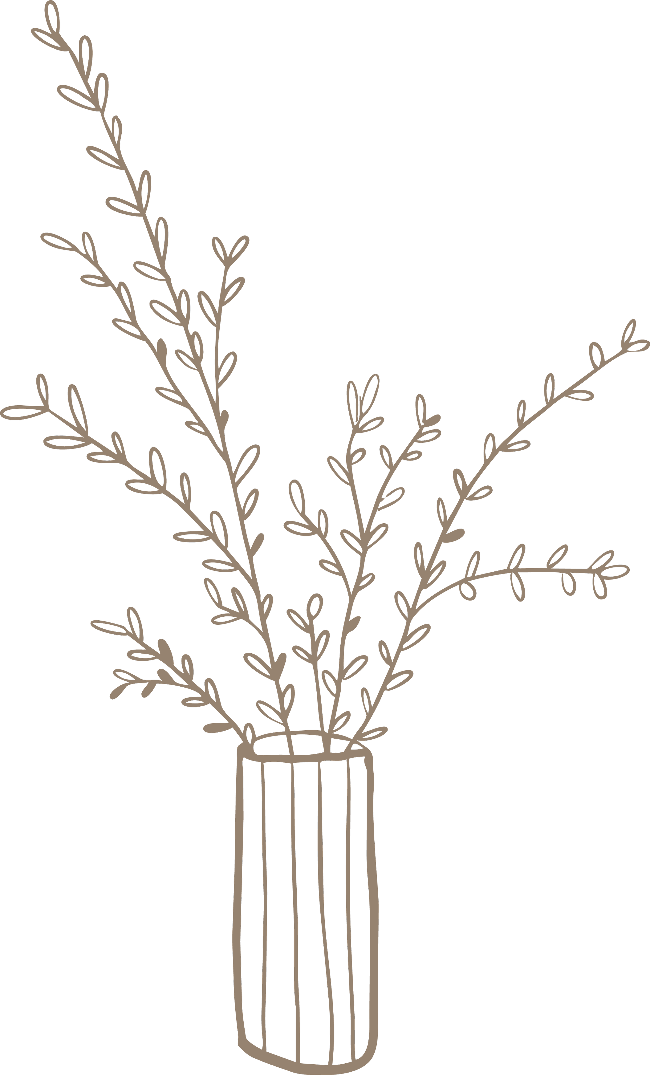 A minimalist line drawing of a vase with tall, leafy branches