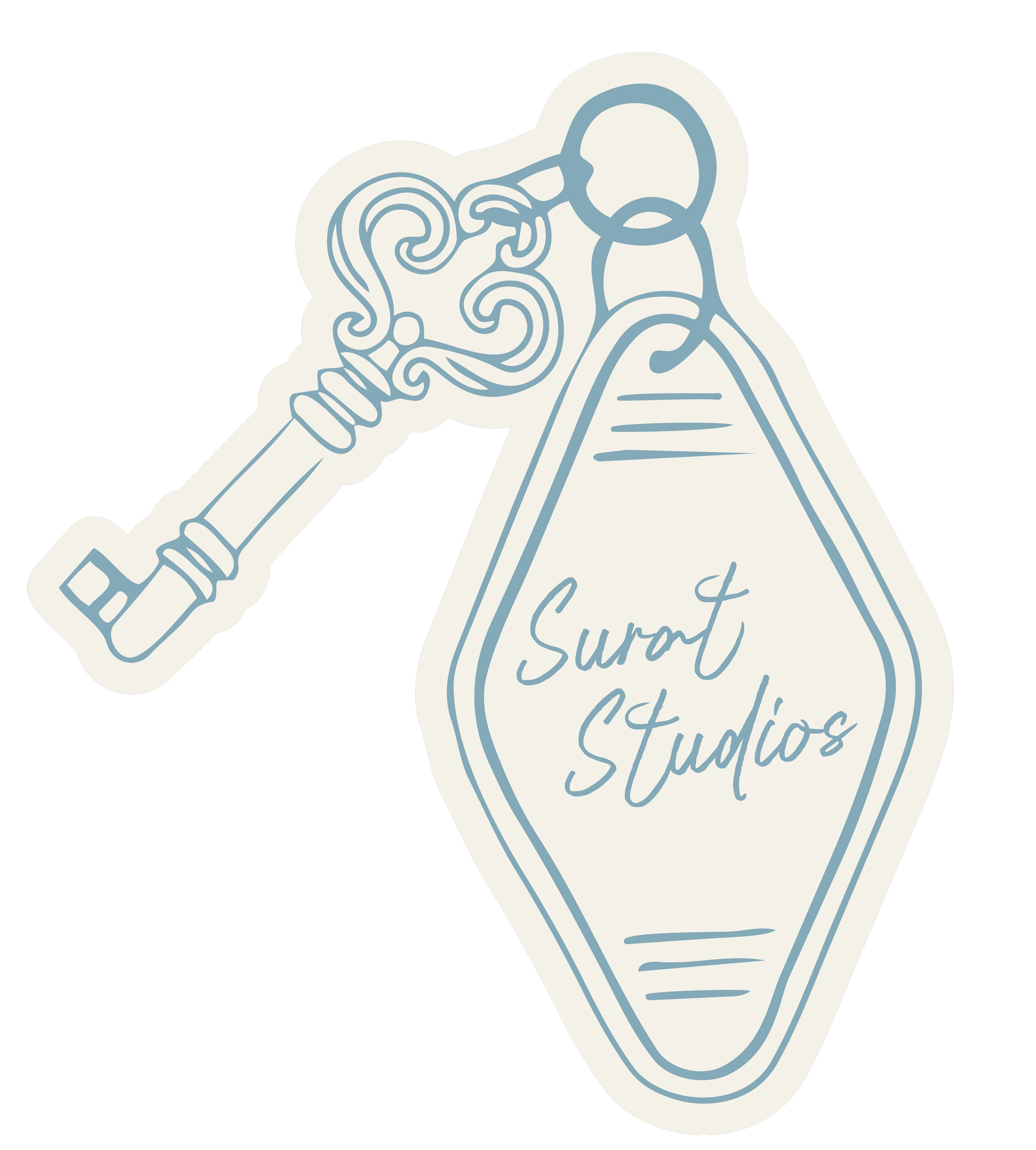 a Illustration of a key and key chain with the Surat Studio logo
