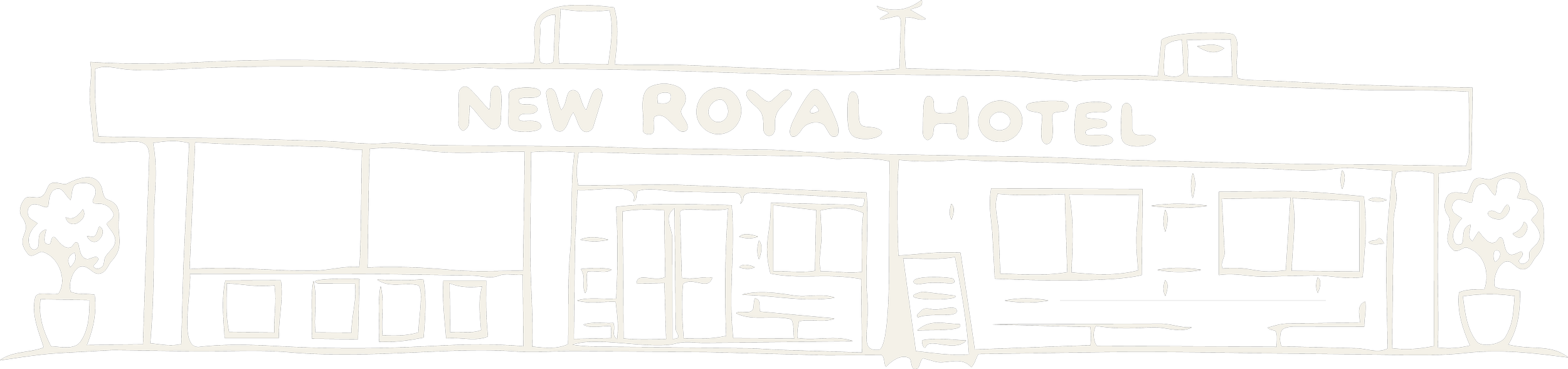 Line drawing of a hotel with a sign that says 'New Royal Hotel,' flanked by potted plants. The hotel has a glass entrance door, windows, and a flat roof with some antennas or structures on top.