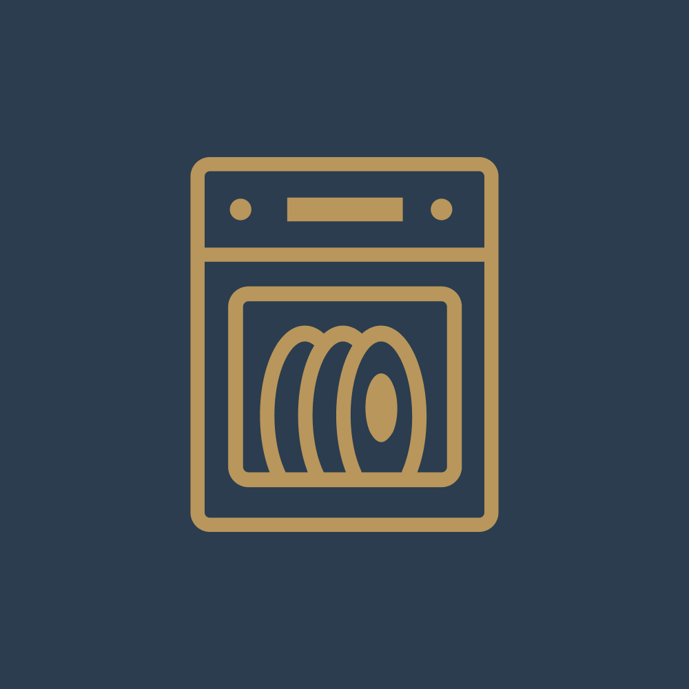 Icon of a washing machine with clothes inside, on a dark background.