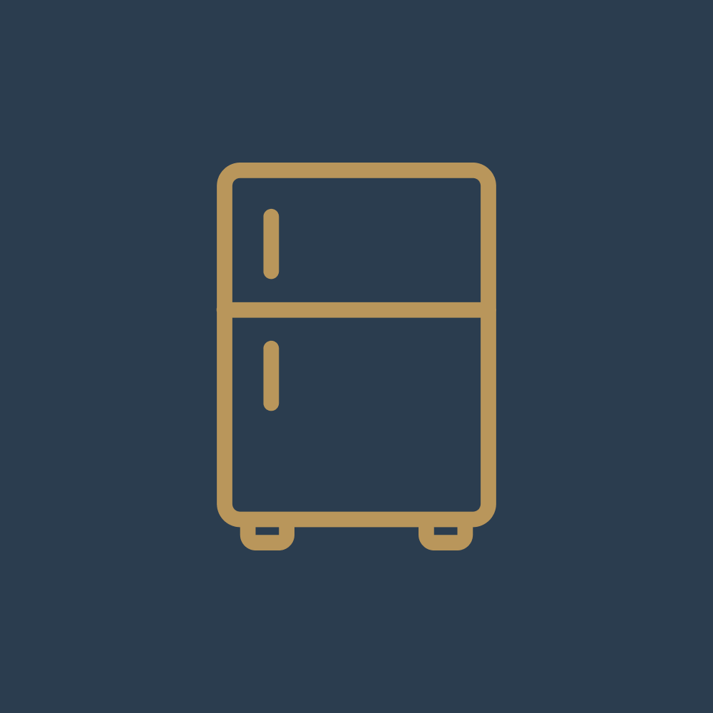 Minimalist icon of a two-door refrigerator against a dark background.