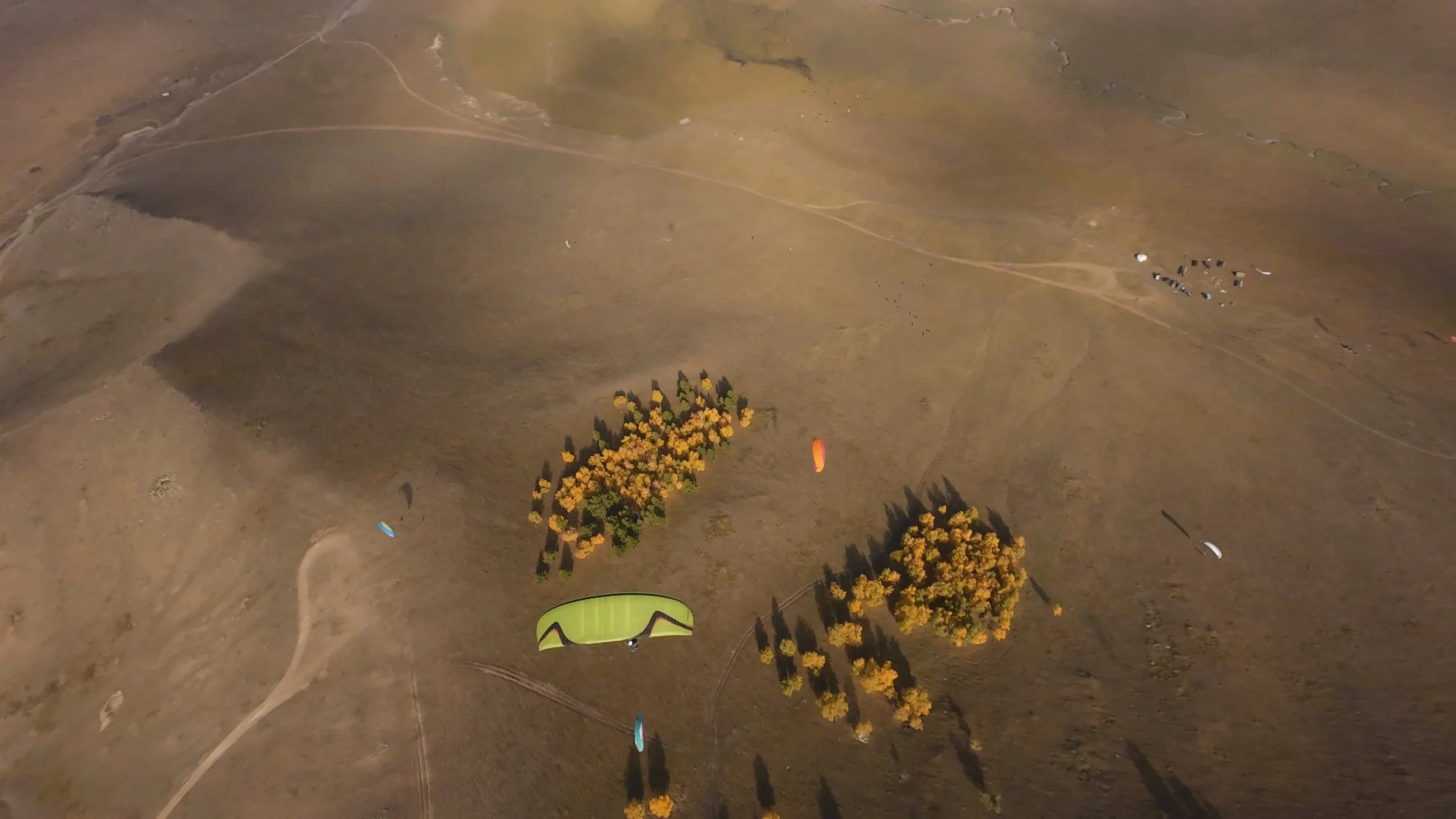Aerial view of open field with trees showing fall foliage, dirt paths, and several paragliders preparing for flight.