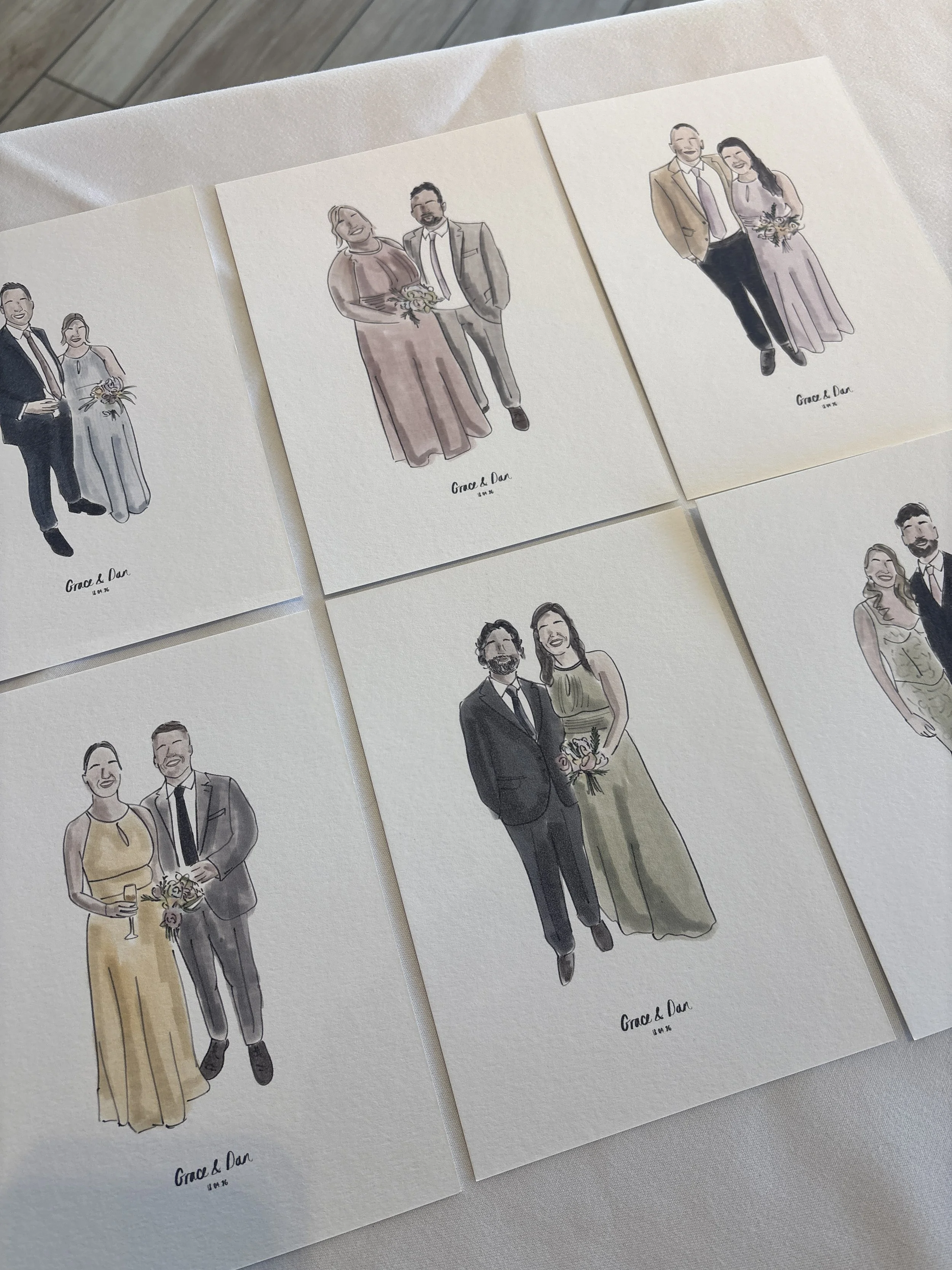 Watercolor wedding portraits of couples, each holding a bouquet or drink, on white textured paper. The portraits are labeled 'Grace & Dan' with a date underneath.