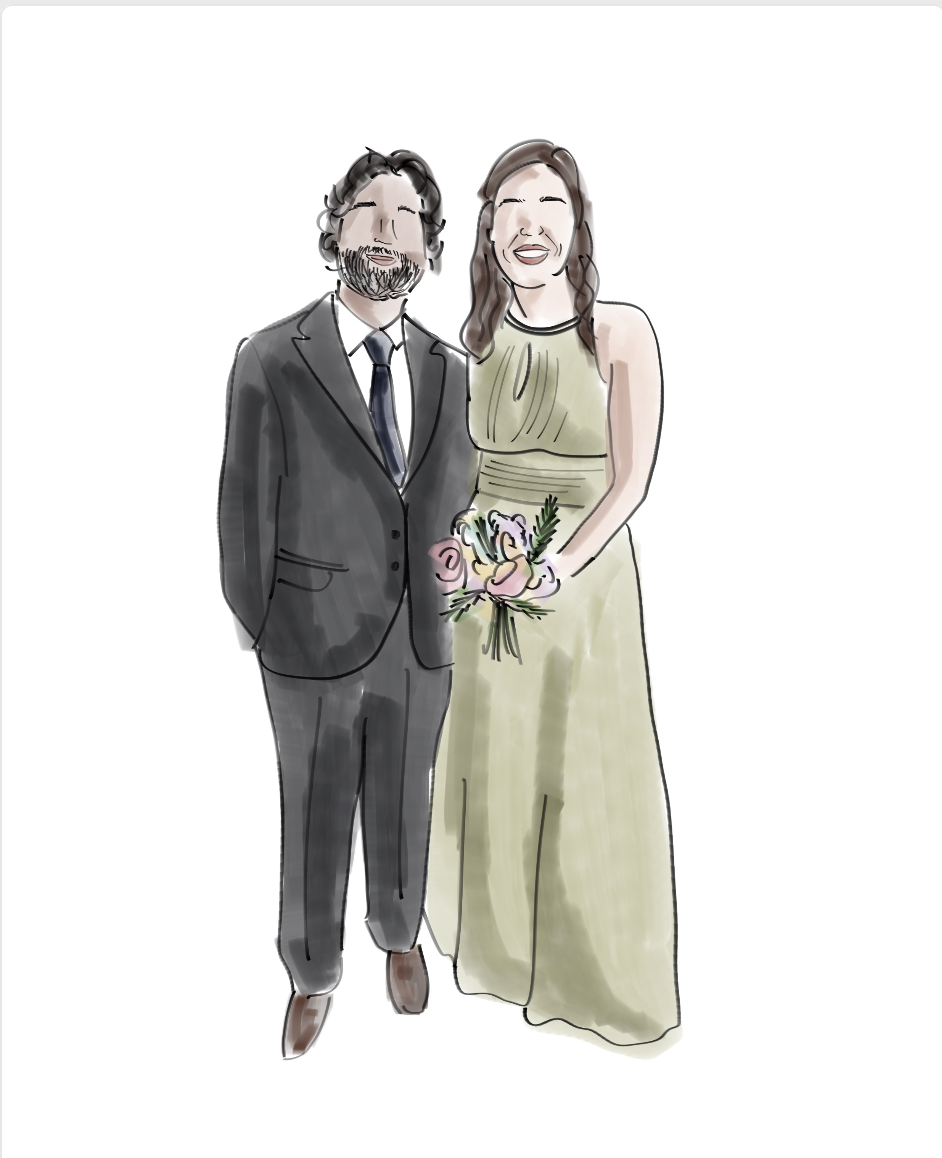 A man and woman dressed in wedding attire standing side by side, smiling, with the woman holding a bouquet of flowers.