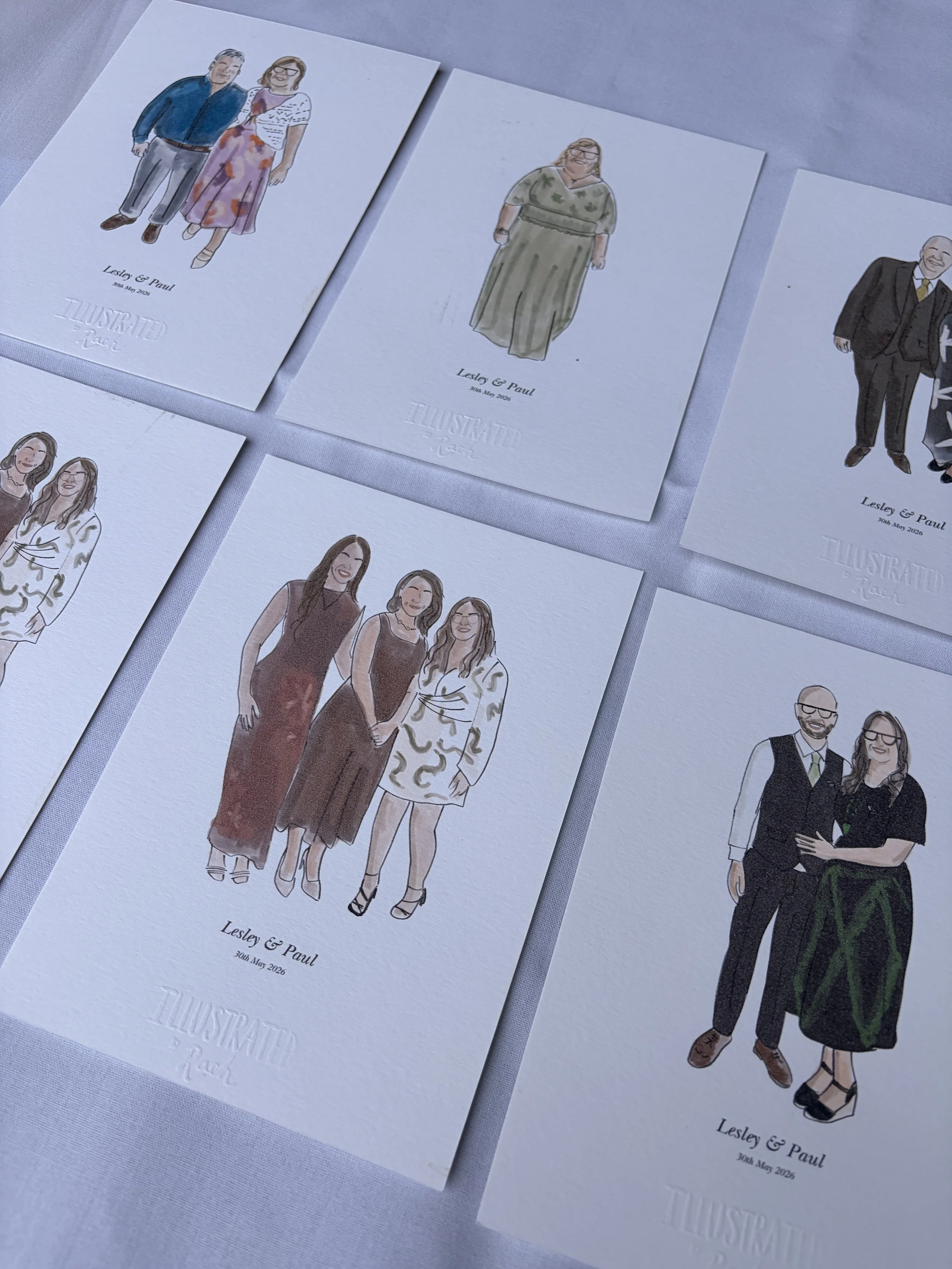 Set of watercolor illustrations of people, including a couple at the top left, a woman at the top center, a group of three women at the bottom left, and a couple at the bottom right, with the text "Lesley & Paul" and the date "30th May 2026" on each.