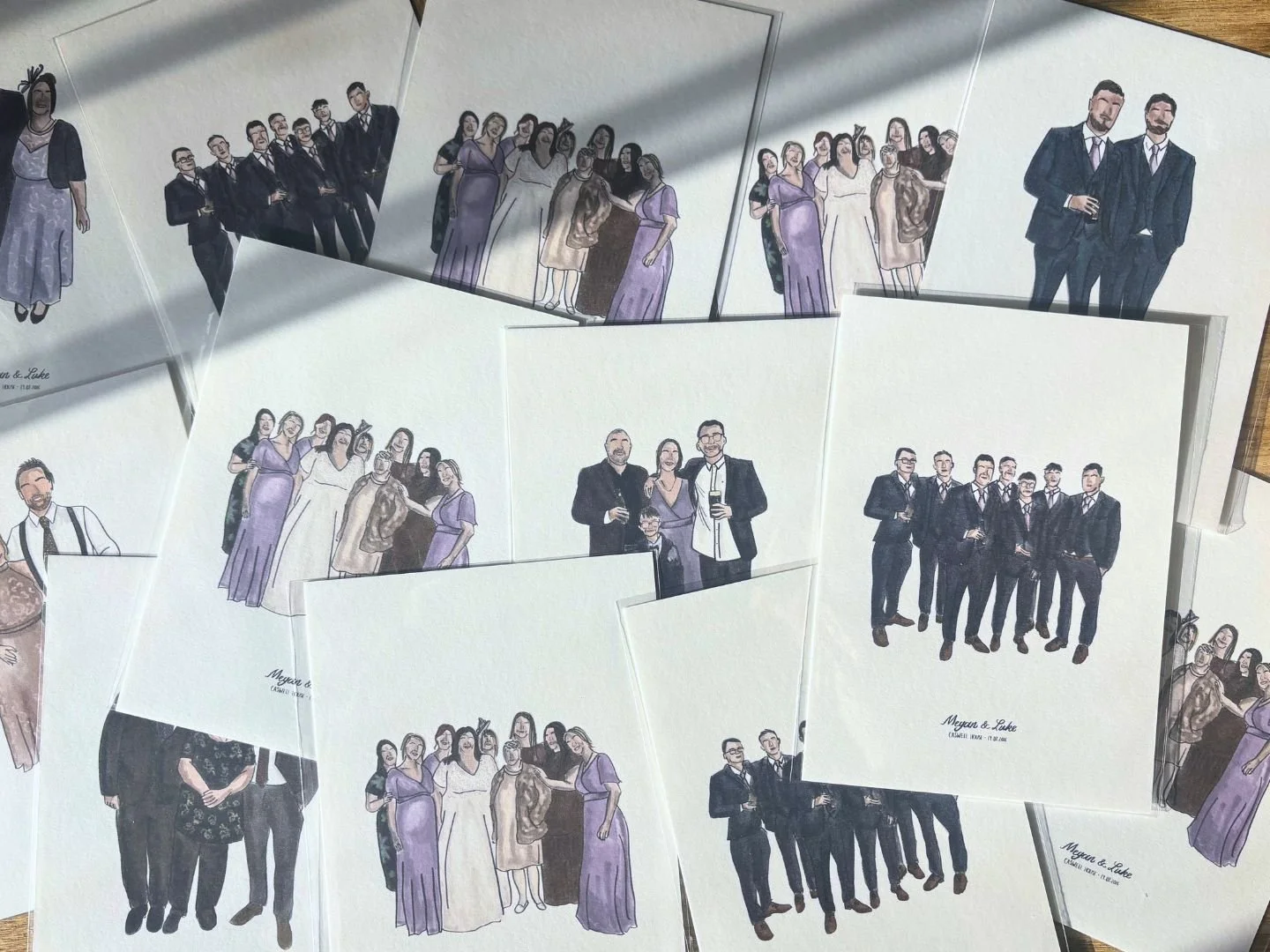 Collection of illustrated wedding portrait postcards featuring groups of people dressed in formal attire, including tuxedos and formal dresses, in various poses.