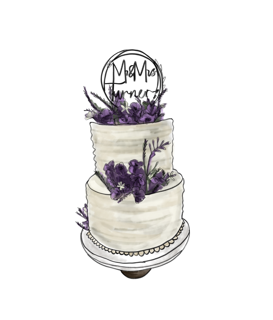 A two-tiered cake decorated with purple flowers and greenery, with a wire topper that reads 'M & M Turner'.