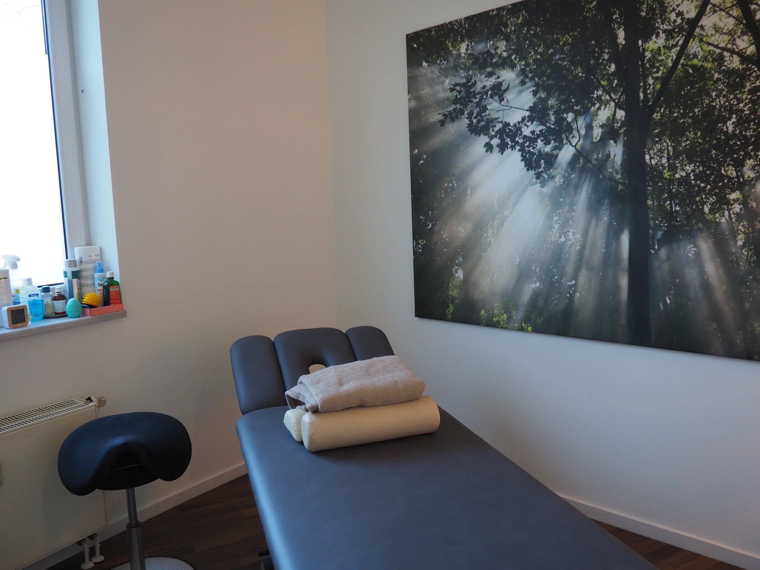 Behandlungsraum mit Untersuchungsliege, Blick auf eine große Baum-Posterkunst an der Wand, Fenster mit Reinigungs- und Hygieneartikeln auf der Fensterbank.