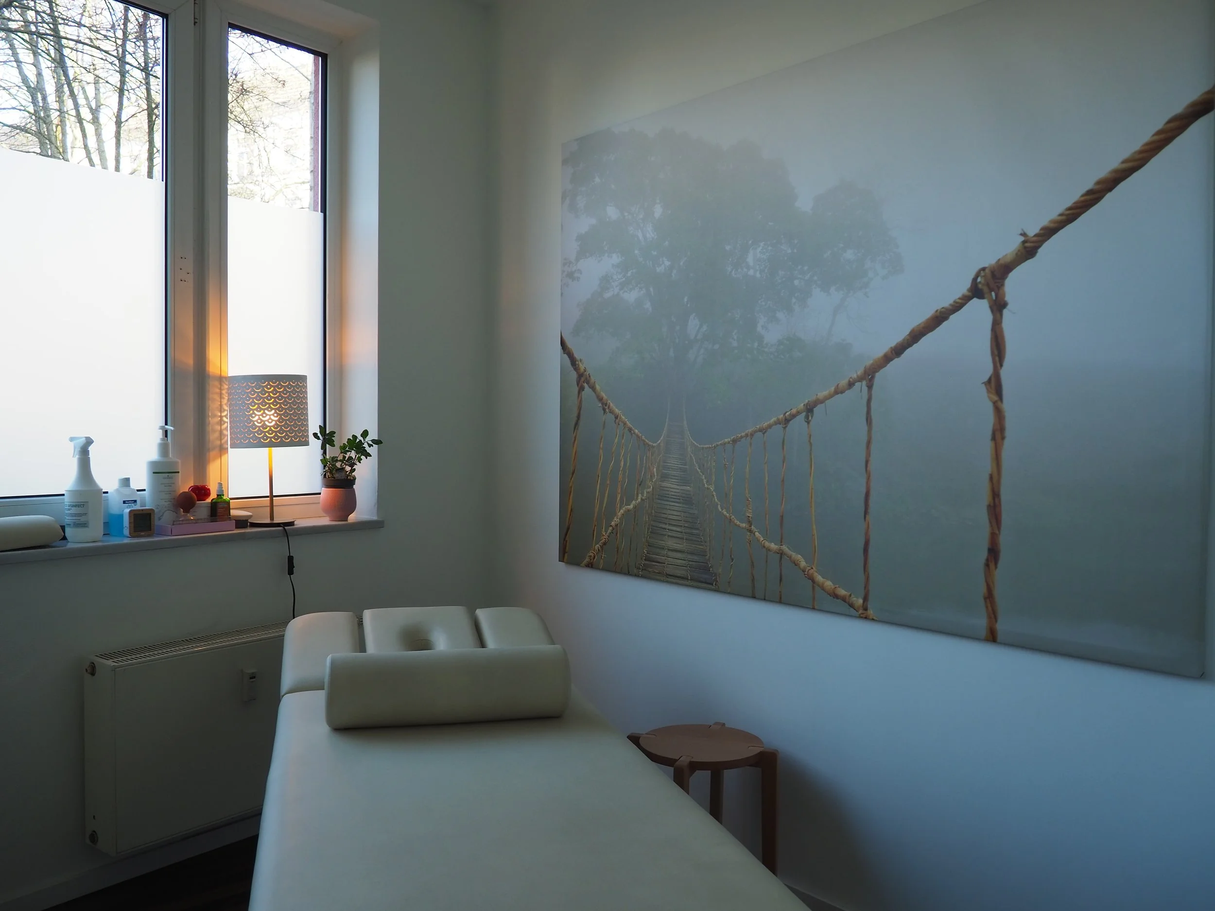 Behandlungsraum mit Liege, Wandbild einer Hängebrücke, Fenster mit Sicht auf Bäume, Nachttisch, Tischlampe, Pflanze auf Fensterbank, Hygieneartikel