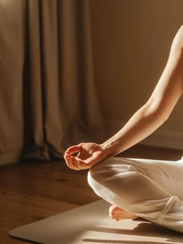 Person in einer Yoga-Position, sitzend im Schneidersitz auf einer Yogamatte in einem Raum mit Vorhängen.