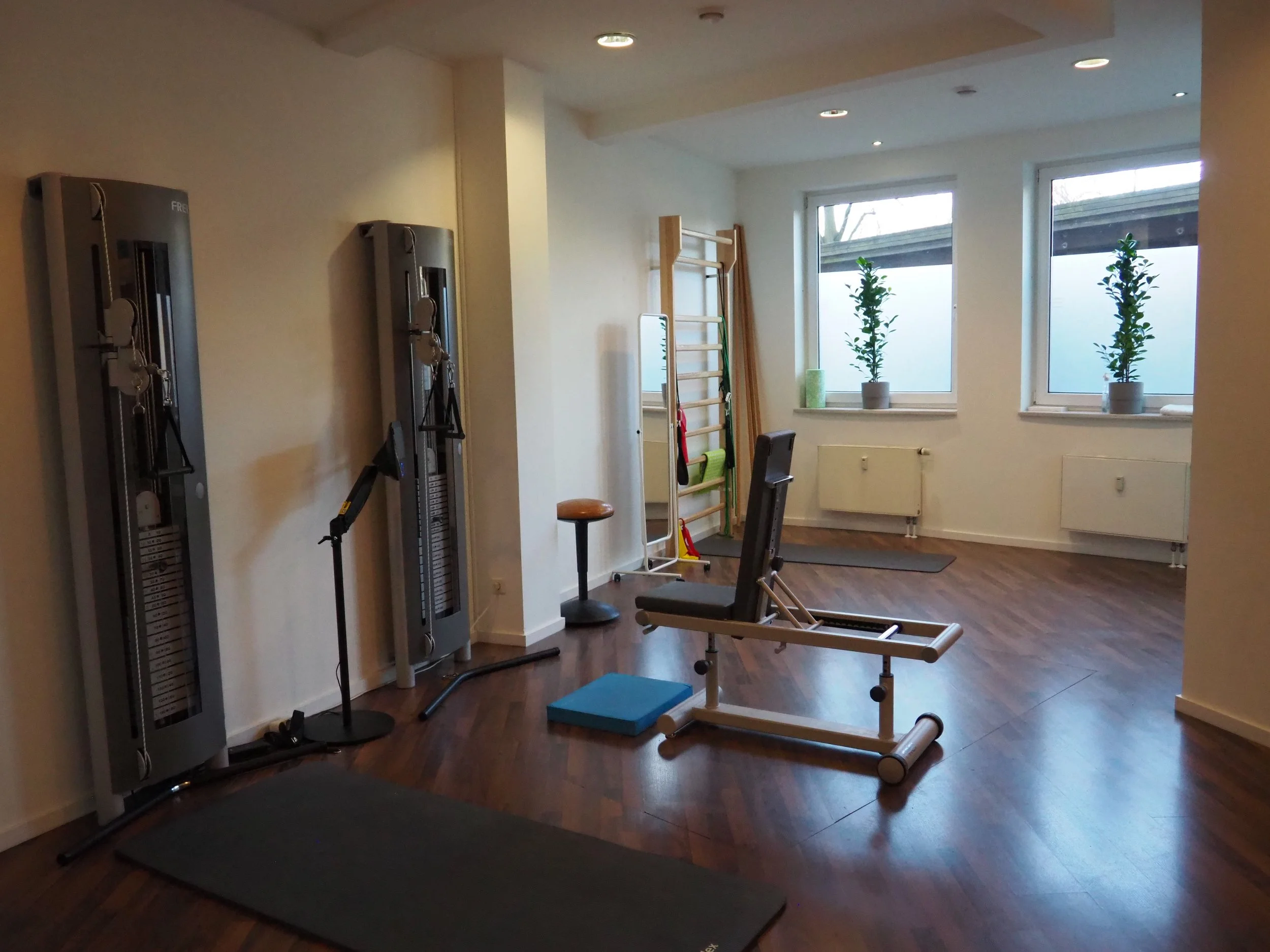 Ein heller, leerer Fitnessraum mit verschiedenen Trainingsgeräten, darunter ein Rückenübungsgerät, ein Thera-Band, eine Kniebeugebank, zwei große Fenster mit Pflanzen auf den Fensterbänken und Holzfußboden.