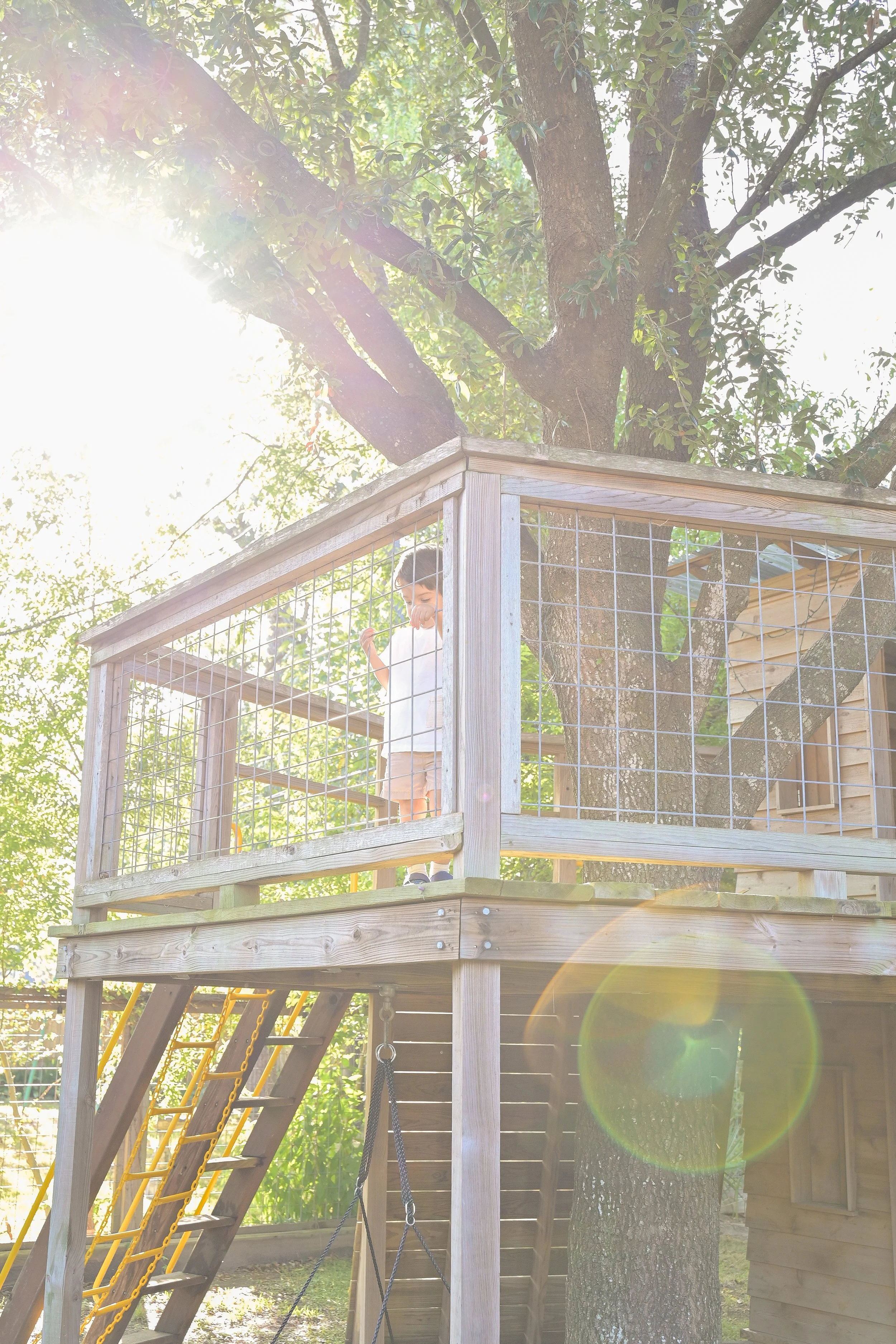 Houston The Heights toddler playing at home in the backyard treehouse during newborn photo session