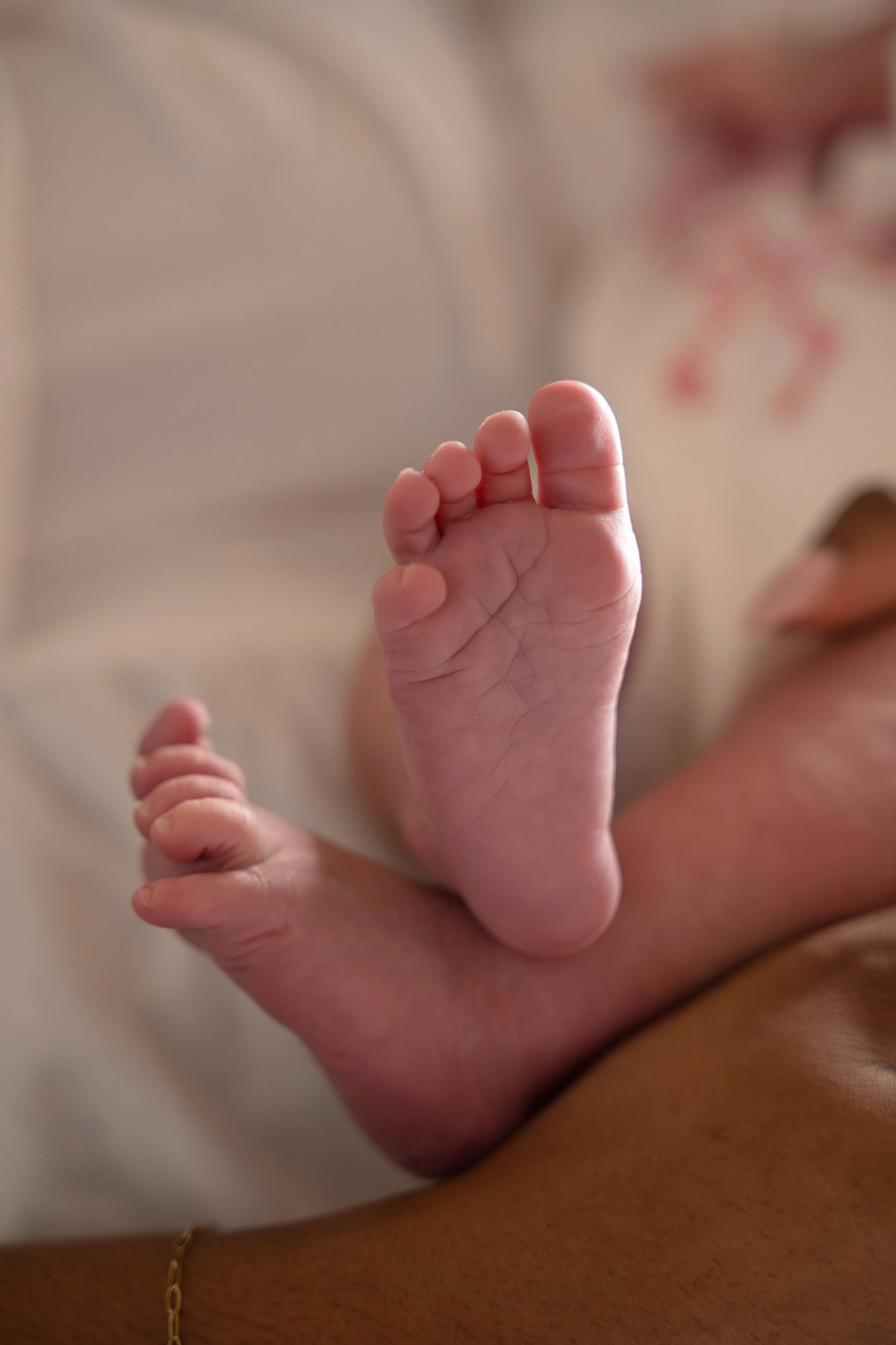 Close-up of a baby's tiny hand grasping an adult's finger, with a blurred background showing part of a face, in the Houston Ruby Postnatal. 
