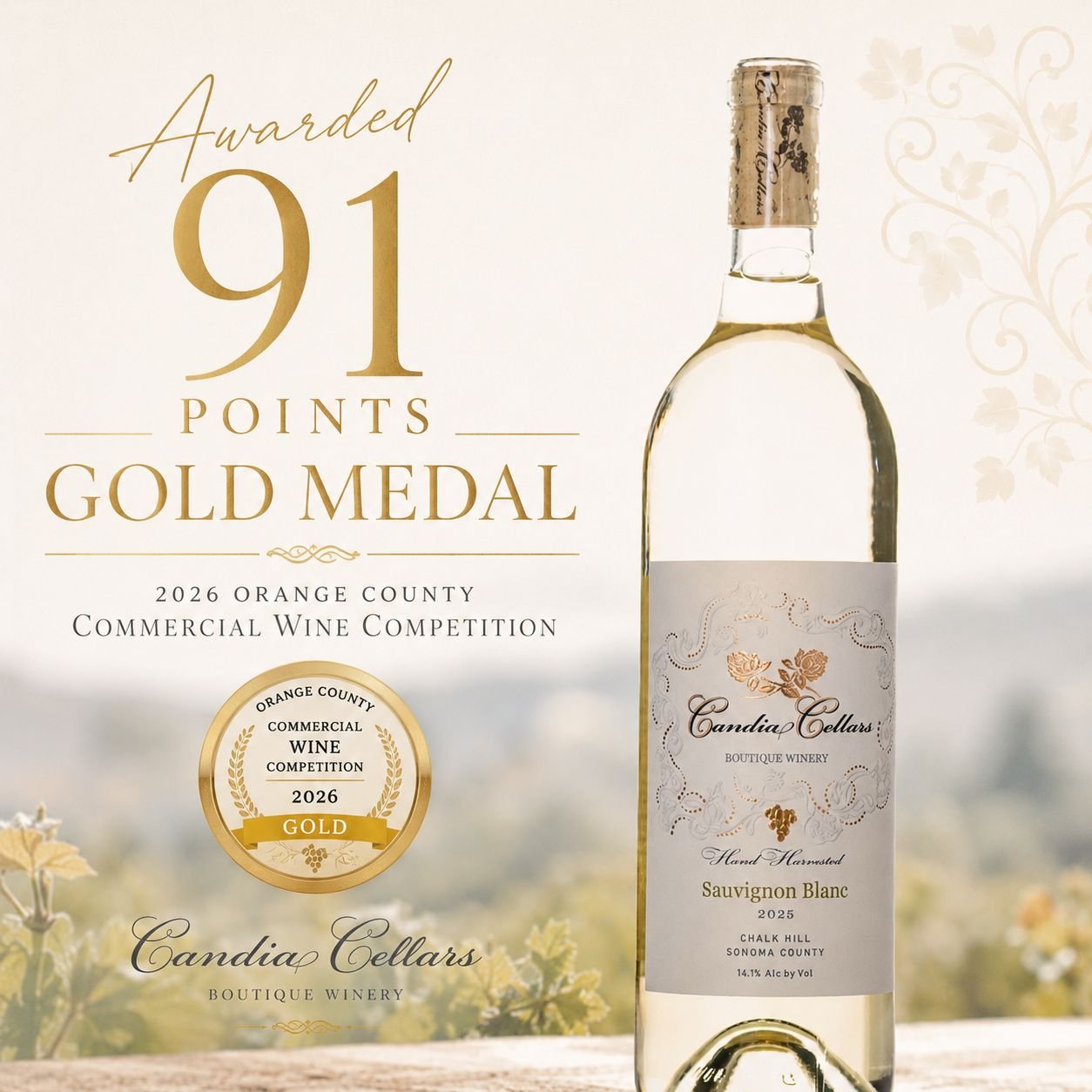 Candia Cellars Wins Gold Medal (91 Points) at the 2026 Orange County Commercial Wine Competition