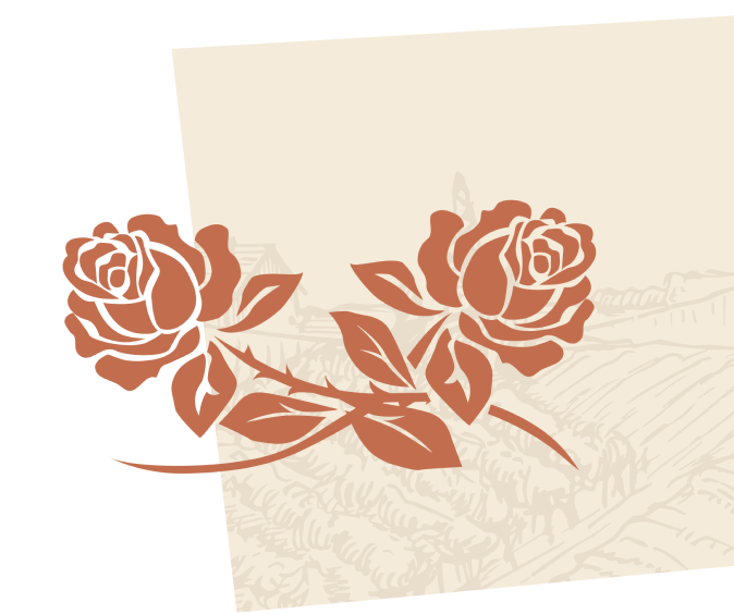 A graphic design of two brown roses with leaves on a light background.