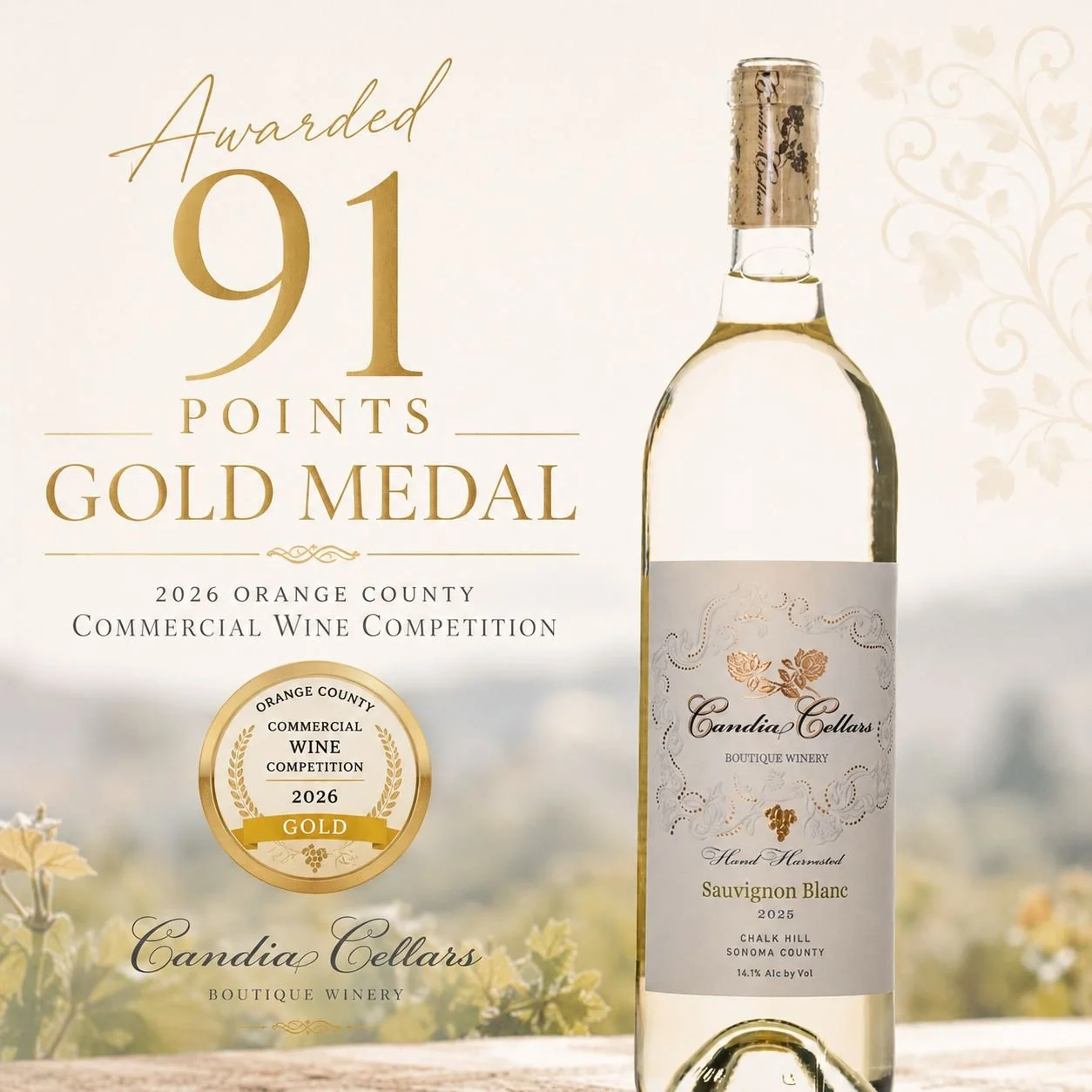 Candia Cellars Gold Medal 91 Points Sauvignon Blanc 2025