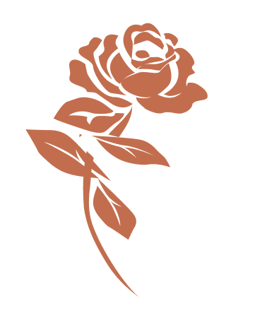 A simple, stylized illustration of a rose with detailed petals and leaves, rendered in brown on a transparent background.