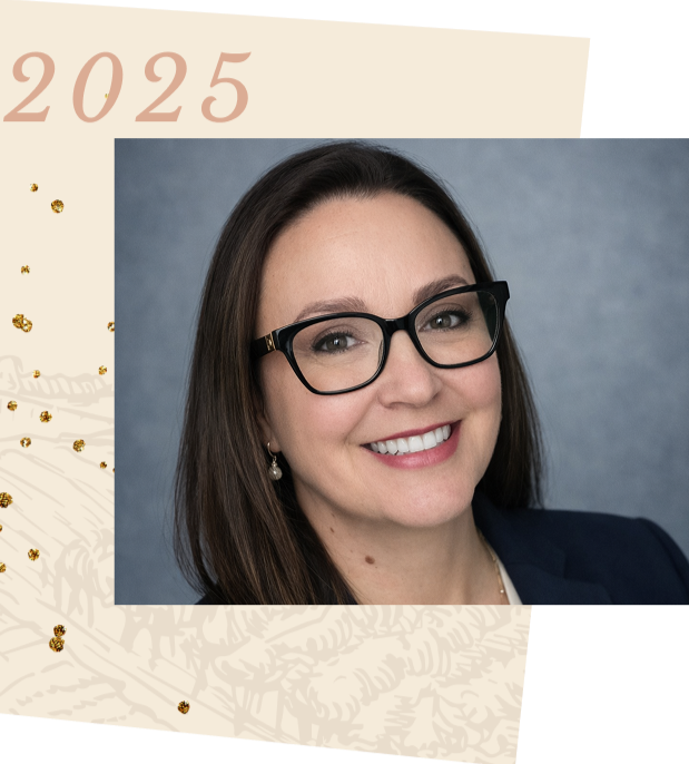 Professional woman with glasses and dark hair, smiling in front of a gray background with a 2025 themed decorative frame.