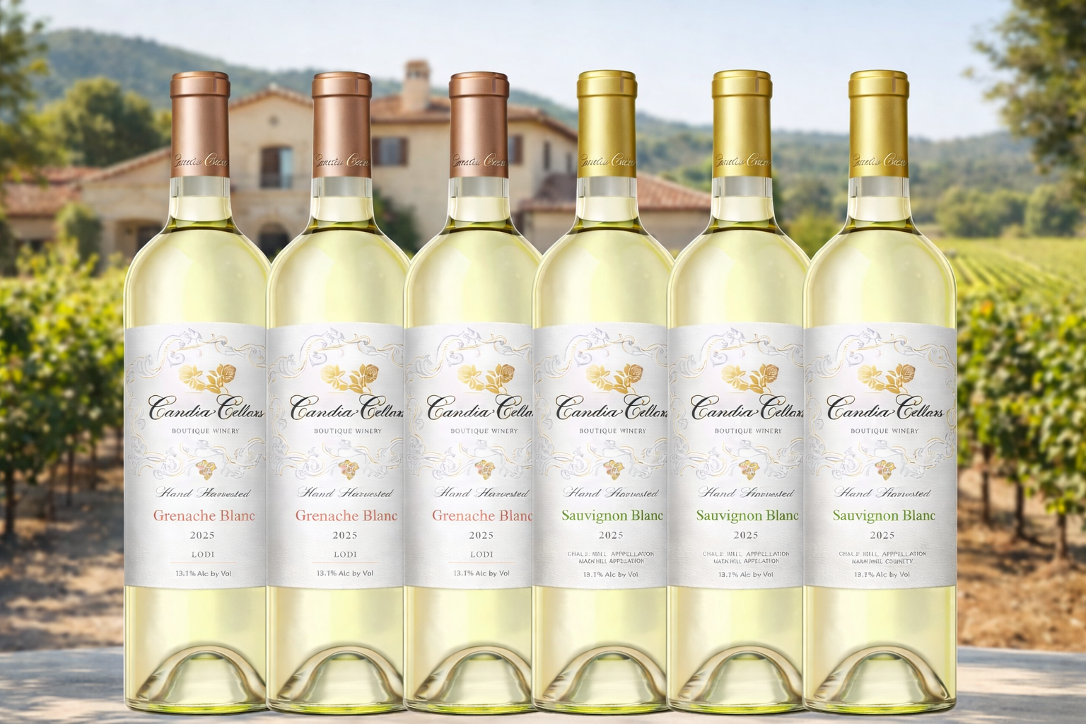 Six bottles of Candia Cellars wine, three Grenache Blanc and three Sauvignon Blanc, with labels showing vintage 2025, in front of a vineyard and house in the background.