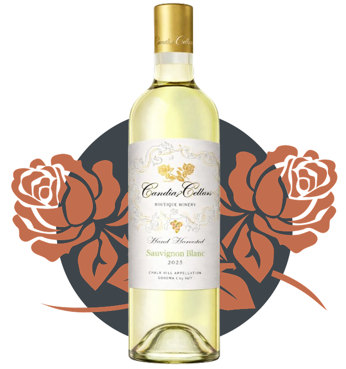 A bottle of Candice Cellars Sauvignon Blanc wine with a white label, gold cap, and a background featuring stylized roses.