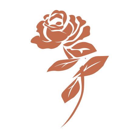 A stylized, minimalist brown rose with leaves.
