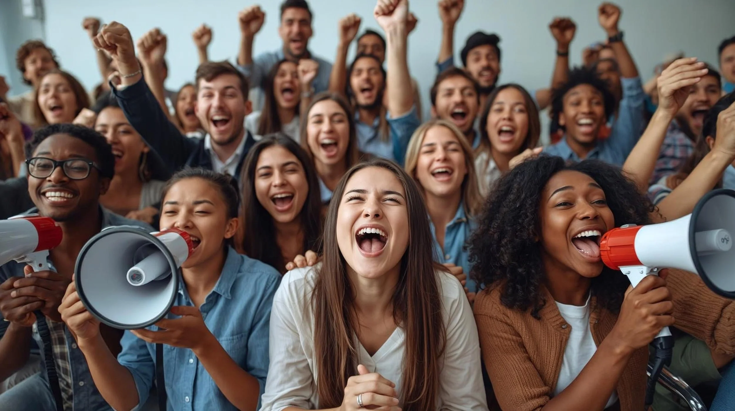 Group of diverse people cheering, laughing, and raising fists and megaphones in an indoor gathering.