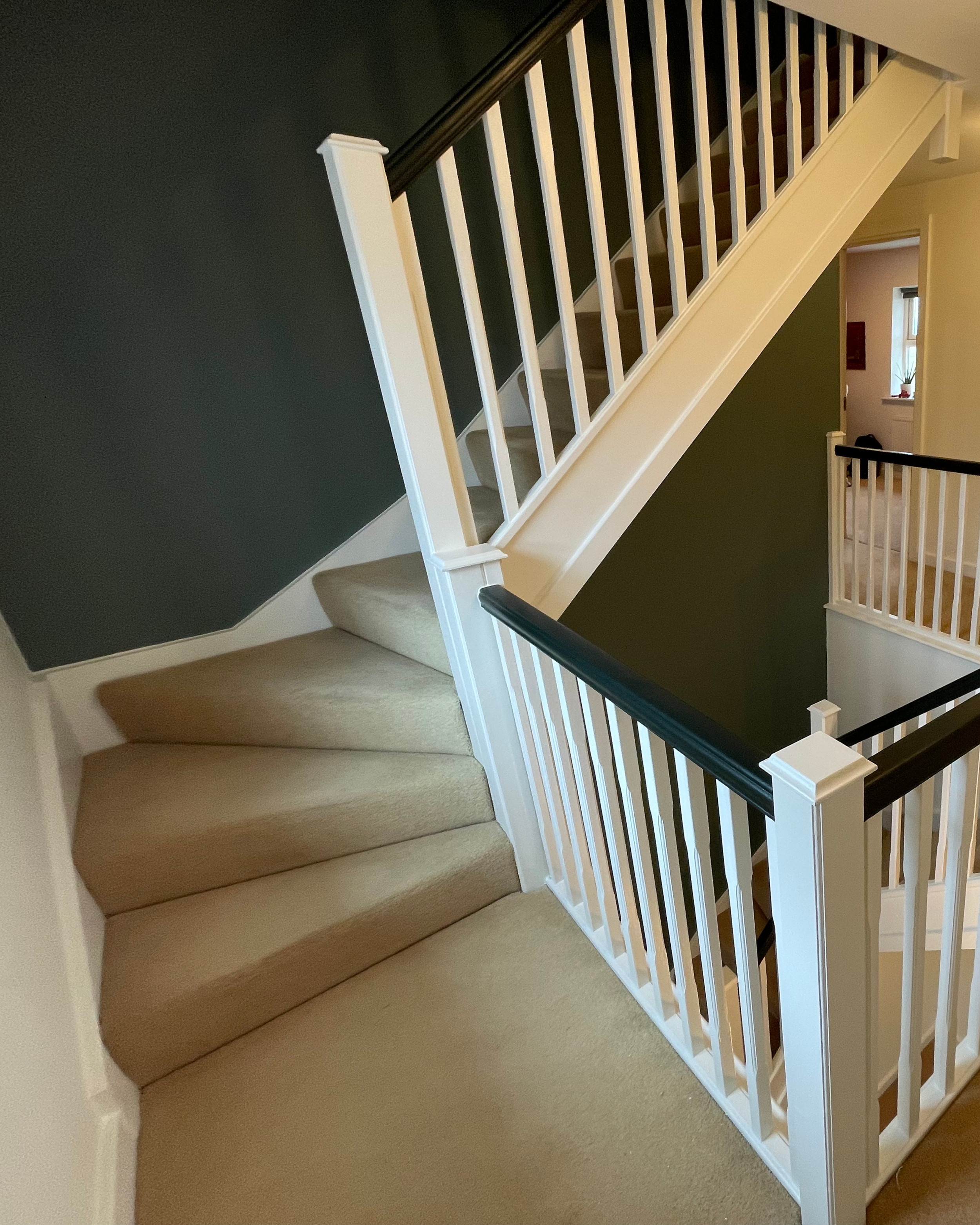 Interior view of a staircase with beige carpet, white railing with black handrail, adjacent dark green wall, and a part of a room with window and a plant in the background.