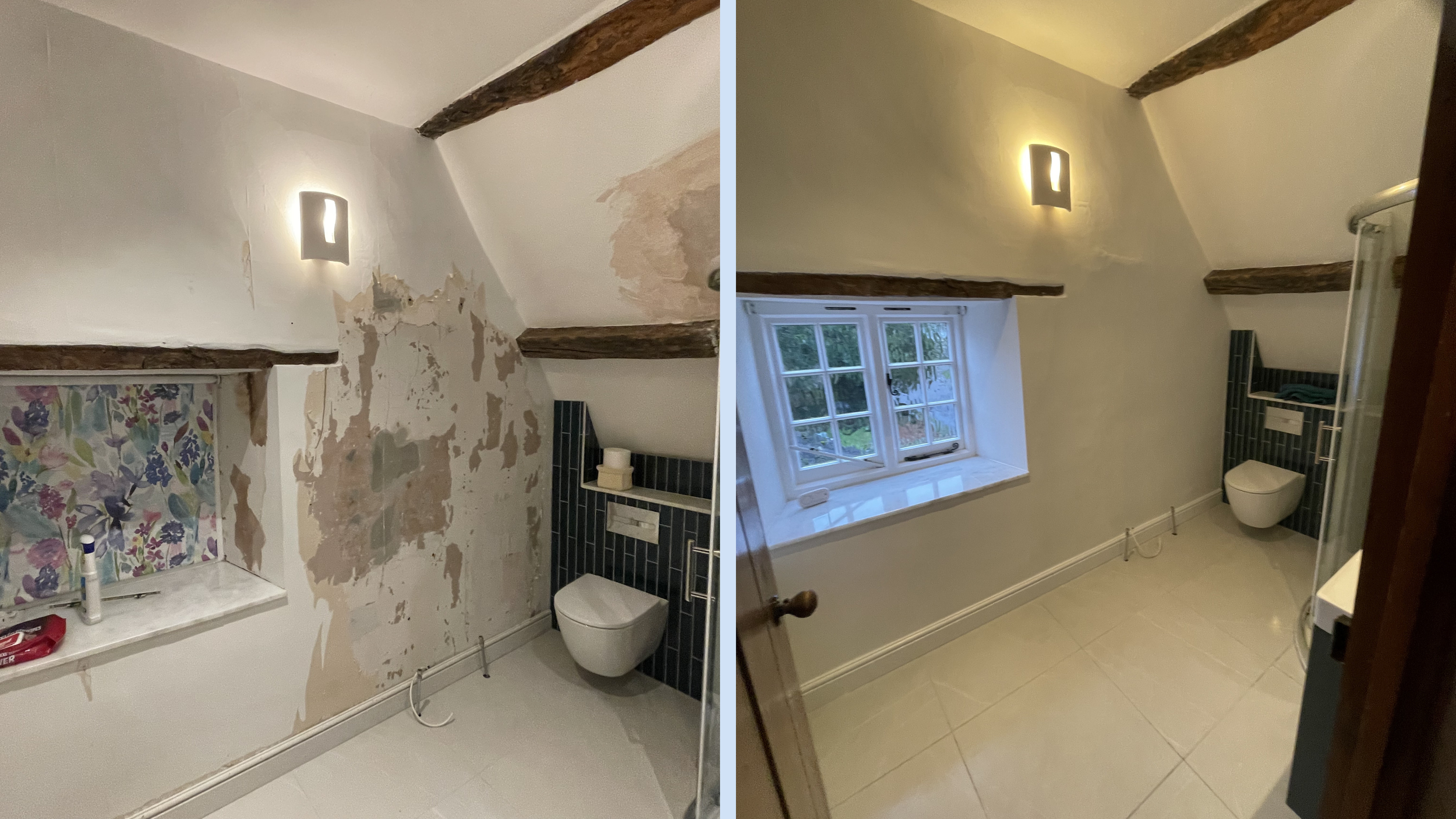 Comparison of a bathroom before and after renovation. The left side shows unfinished wall with peeling paint, exposed plaster, and dusty surfaces. The right side shows the same bathroom fully renovated with fresh white walls, a clean window, and tidy
