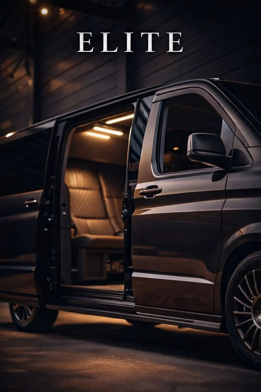 Voiture noire de luxe avec porte arrière ouverte, intérieur en cuir, dans un garage sombre avec éclairage chaud, texte 'ELITE' au-dessus.