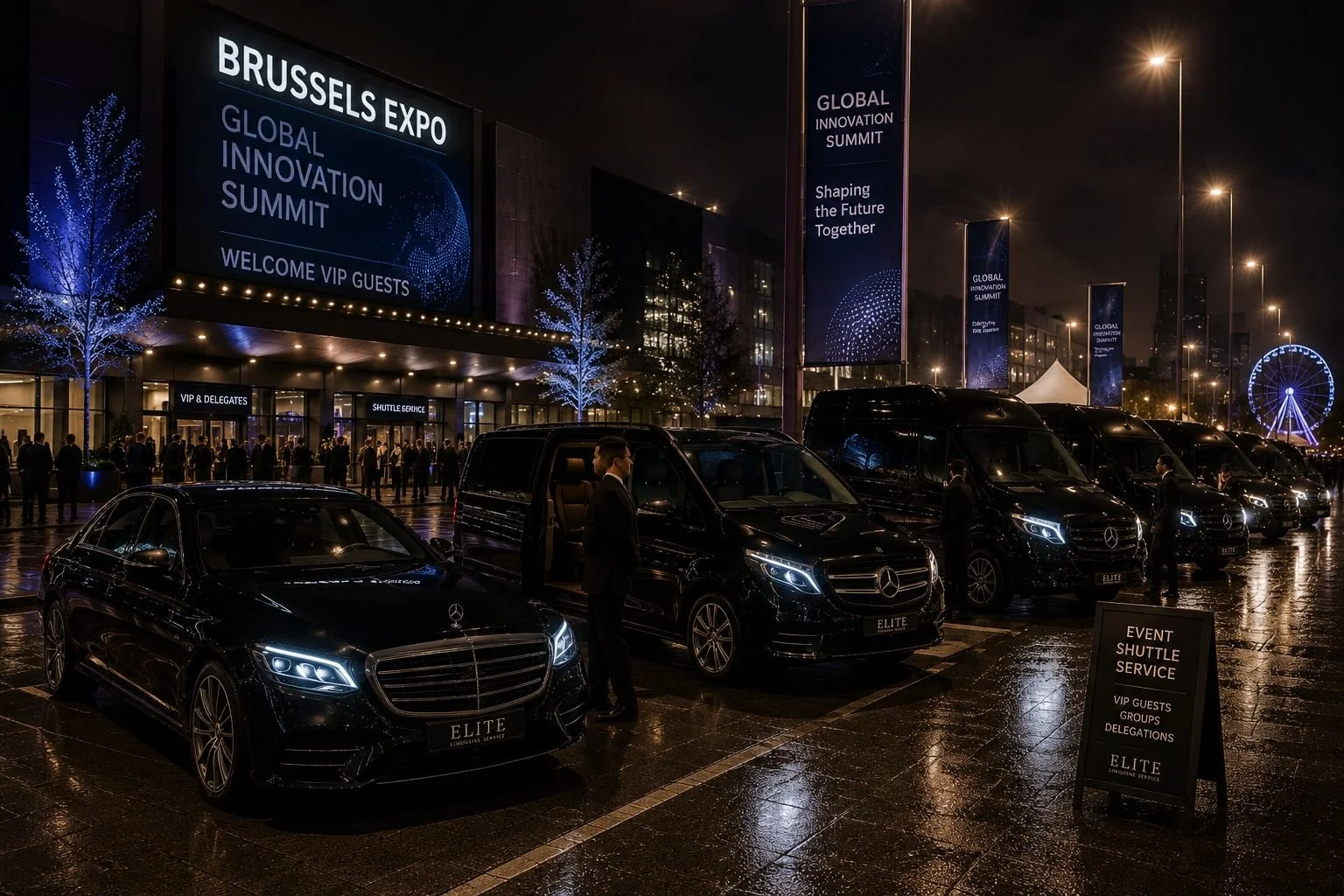Une voiture de luxe noire garée devant un hôtel elegant. Un homme en costume sombre s’éloigne de la voiture vers l’entrée de l’hôtel, dans une ambiance sophistiquée et nocturne.