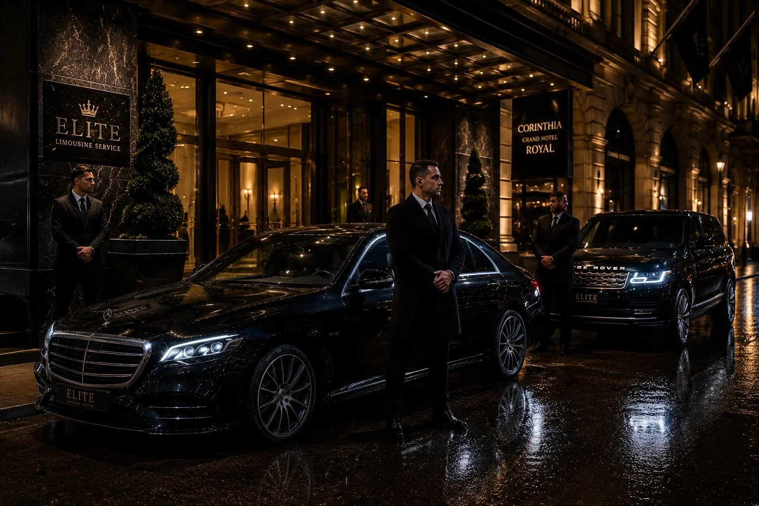 Une personne en costume noir avec des gants blancs se tient à côté d'une voiture noire avec la porte ouverte, montrant des sièges en cuir beige à l'intérieur.