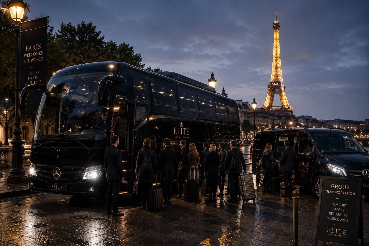 Trois vans noirs stationnés sur une allée en pierre, entourés d'arbres et d'herbe verte.