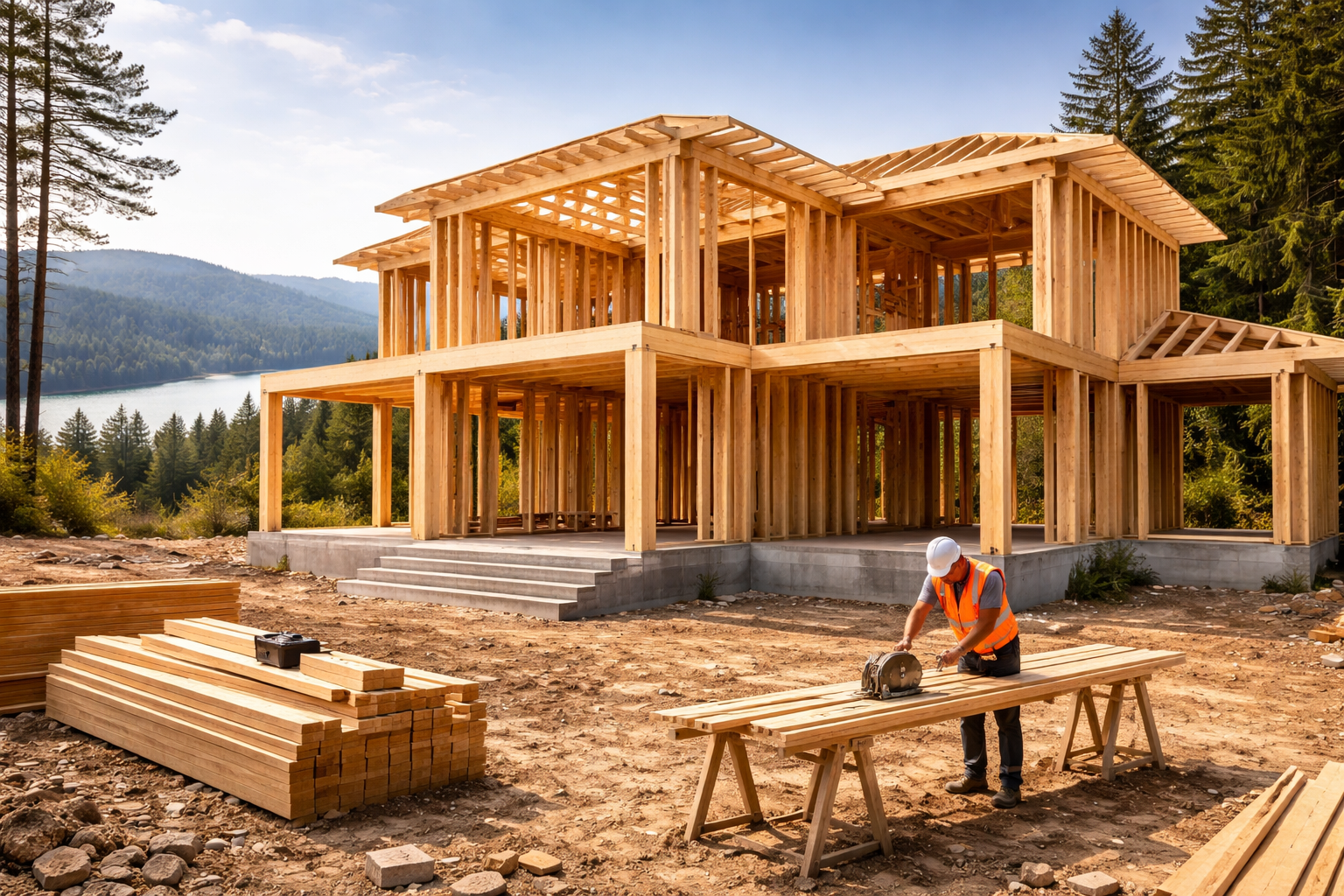 Structural framing for a luxury custom home in Vancouver, showcasing precision wood framing, structural integrity, and high-quality construction standards