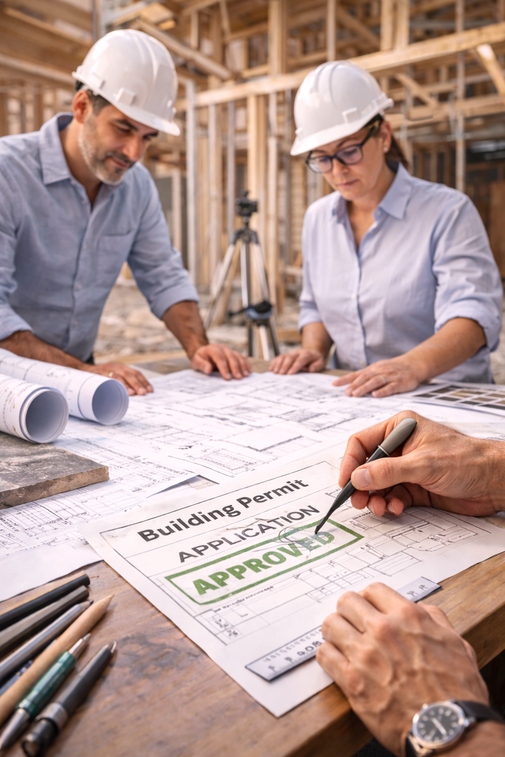 Construction professionals reviewing building plans and permits on-site during the project planning phase.