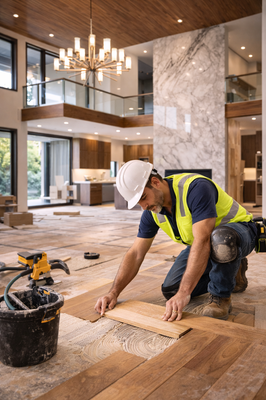 Construction worker installing hardwood flooring in a luxury modern home during the construction phase.
