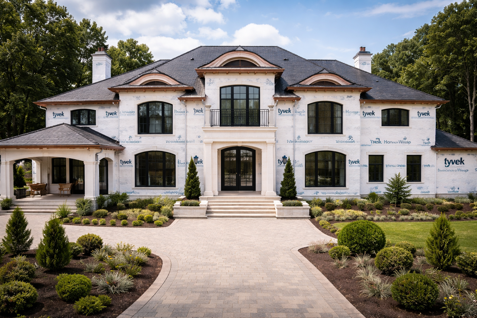 Exterior envelope installation on a luxury home in Vancouver, showcasing weatherproofing, insulation, air barrier systems, and high-performance building envelope detailing