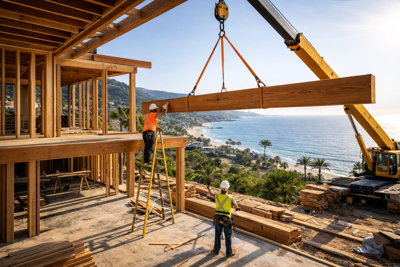 Beam installation for load-bearing support in luxury Vancouver home with engineered structure and open-concept design